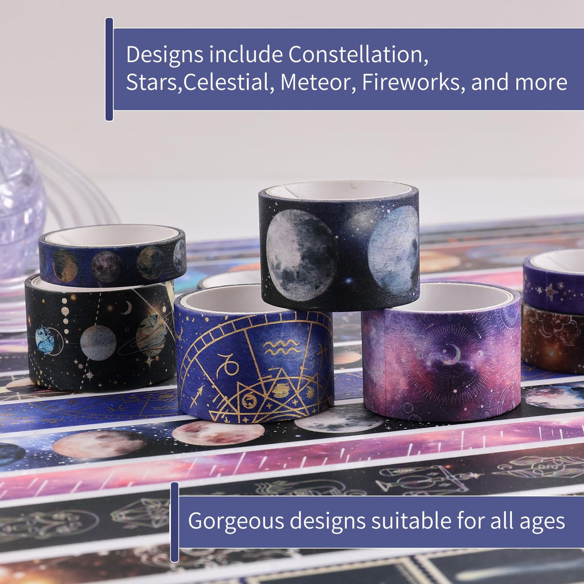 32 Rolls Washi Tape Set, Gold Foil Galaxy Decorative Masking Tape Constellation, Stars, Celestial