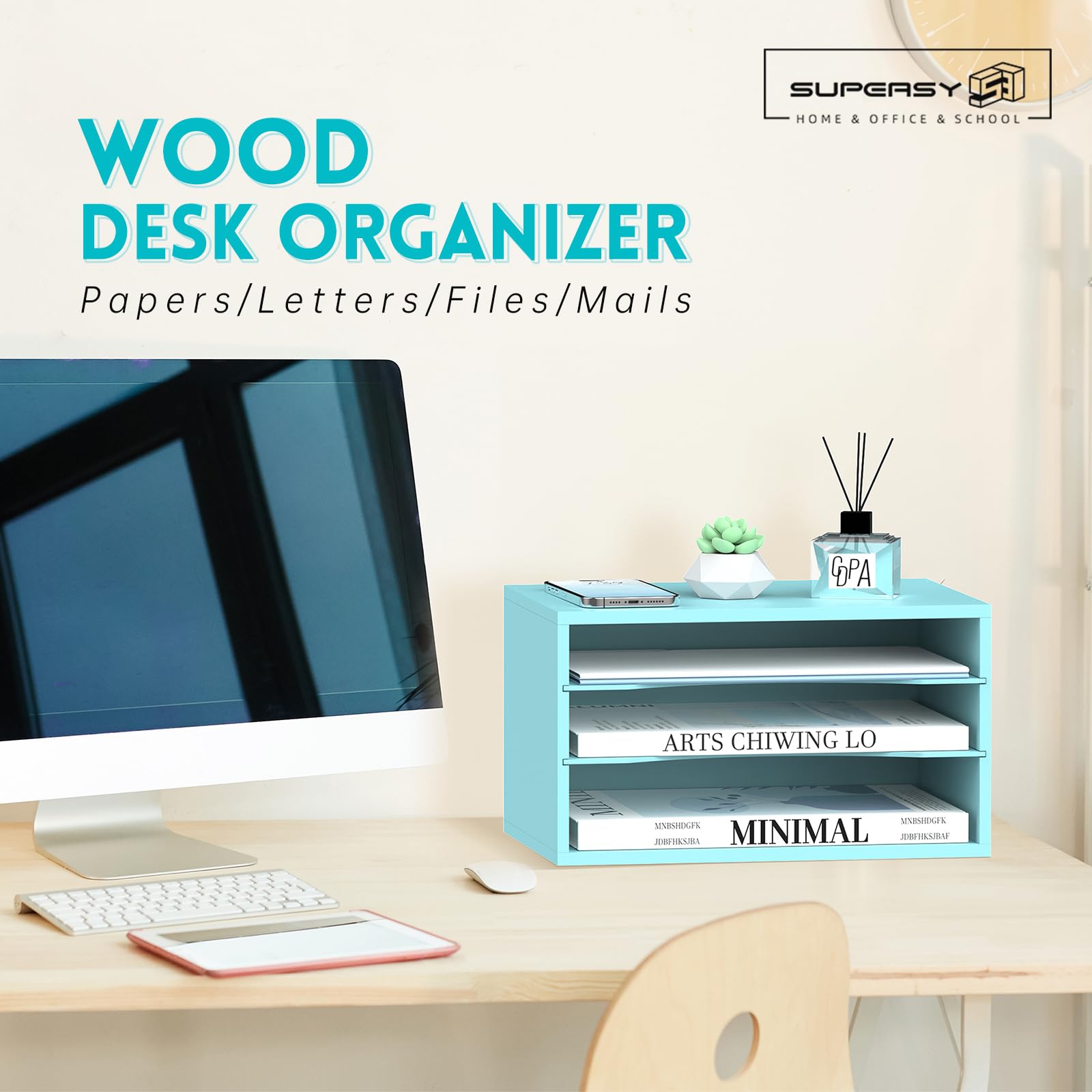 3 Tier Wood Desk Organizer, Mail Sorter and Paper Organizer for Desk, Blue