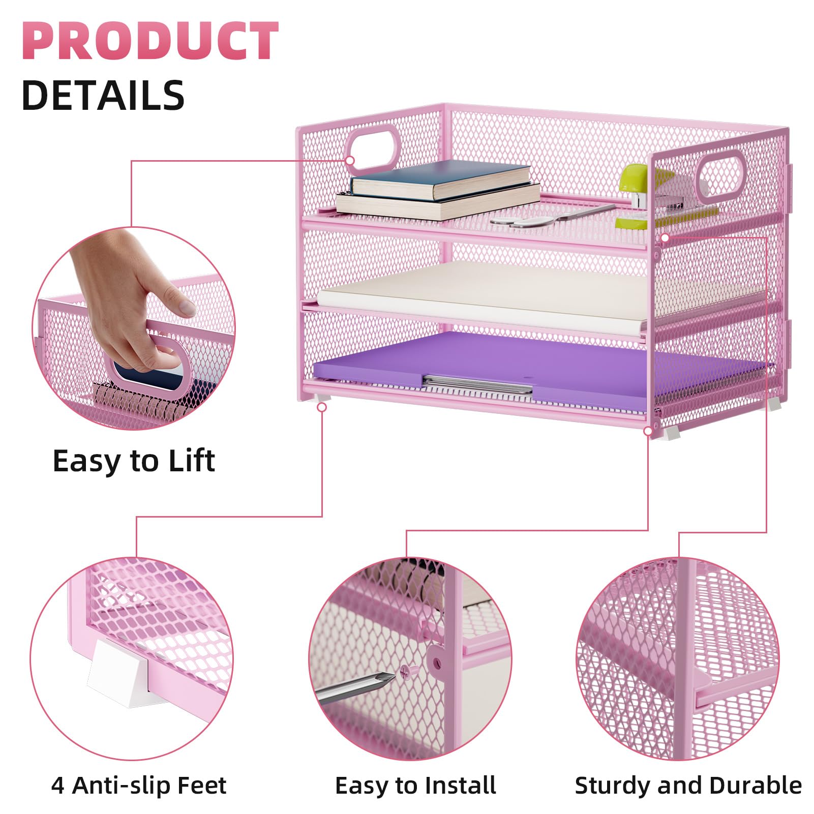 Marbrasse 3 Tier Paper Organizer Letter Tray, Mesh File Organizer with Handle, Paper Sorter Desk