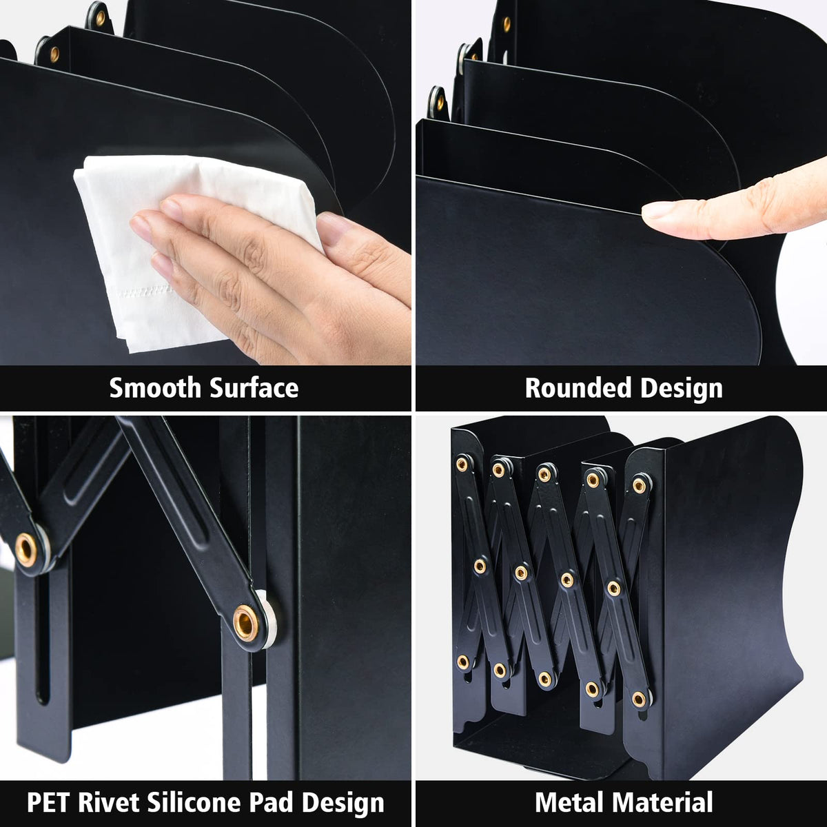 Adjustable Bookends, Metal Book Ends for Heavy Book, 2 Dividers, Nonslip Book Stander for Desk