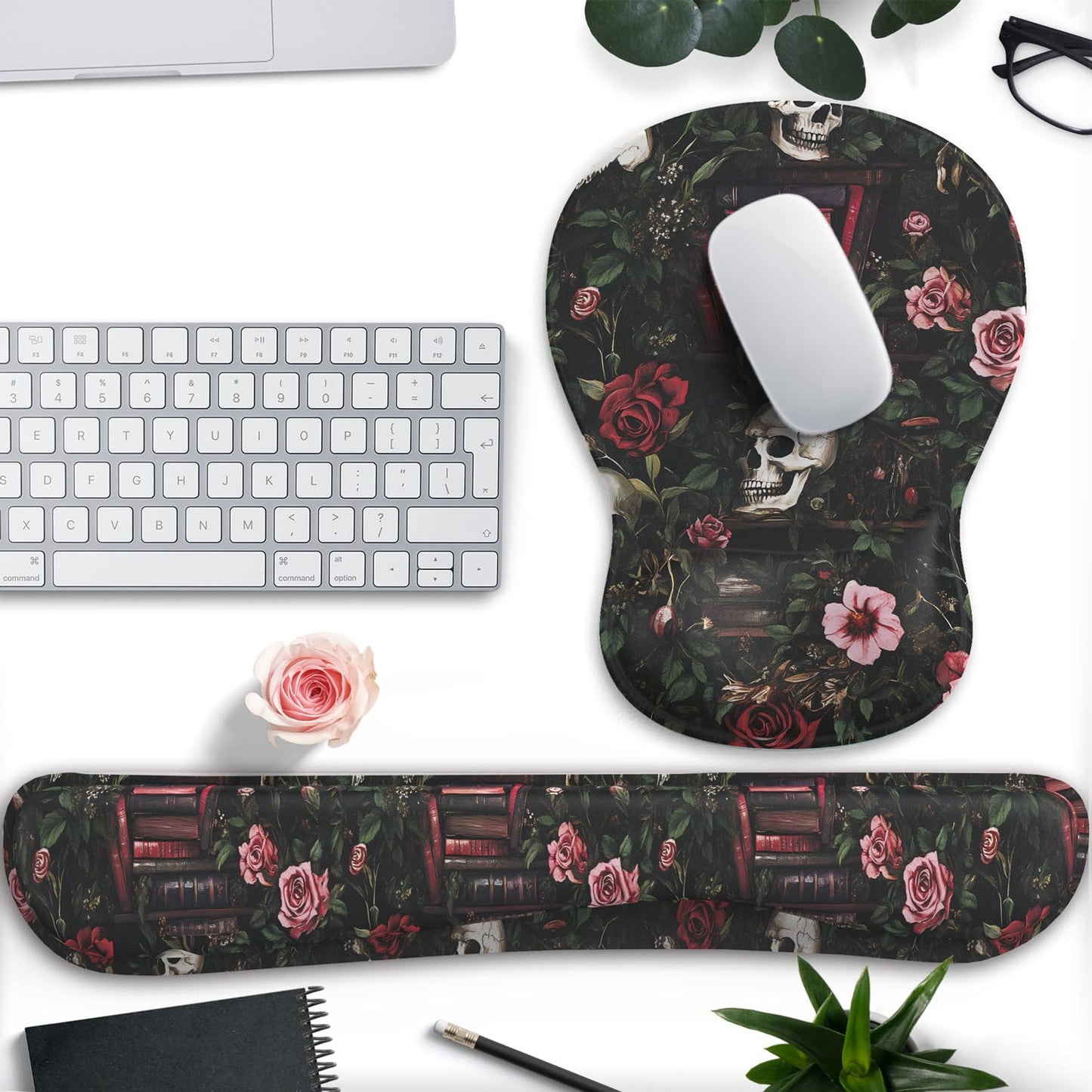 Gothic Skull Rose Ergonomic Mouse Pad with Wrist Rest & Keyboard Wrist Support Set - Non-Slip