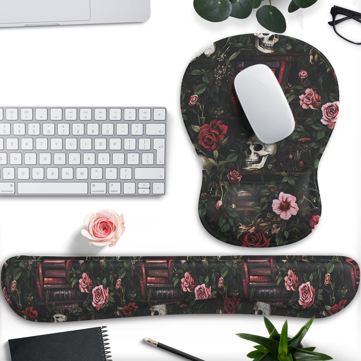 Gothic Skull Rose Ergonomic Mouse Pad with Wrist Rest & Keyboard Wrist Support Set - Non-Slip