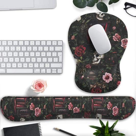 Gothic Skull Rose Ergonomic Mouse Pad with Wrist Rest & Keyboard Wrist Support Set - Non-Slip