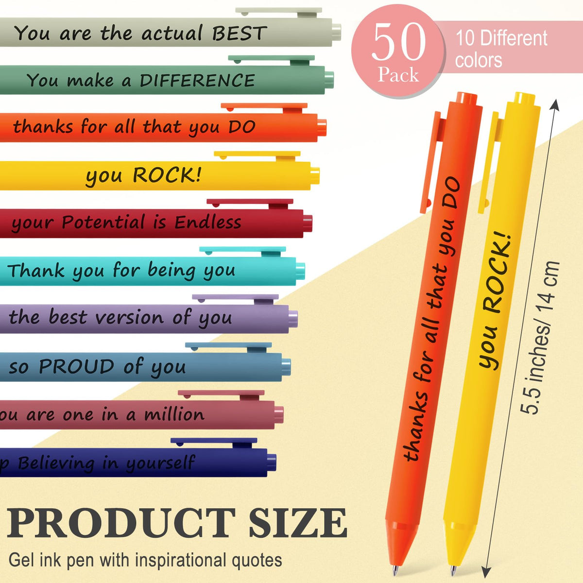 Crtiin 50 Pcs Inspirational Pens Bulk Rainbow Color, Thank Yourself