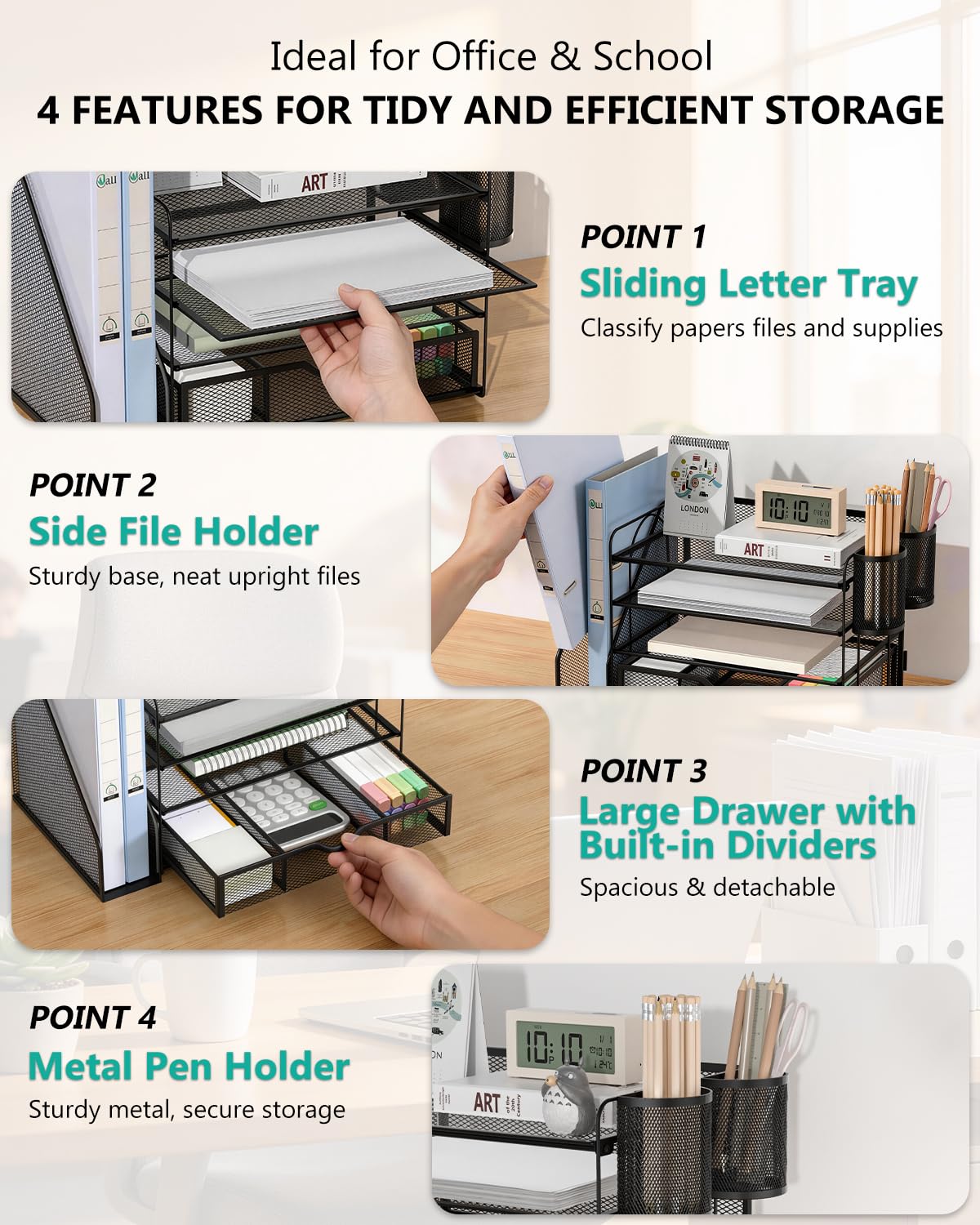 WALI Desk File Organizer, 4 Tier Desktop Paper Letter Tray Organizer with Drawer and 2 Pen Holders