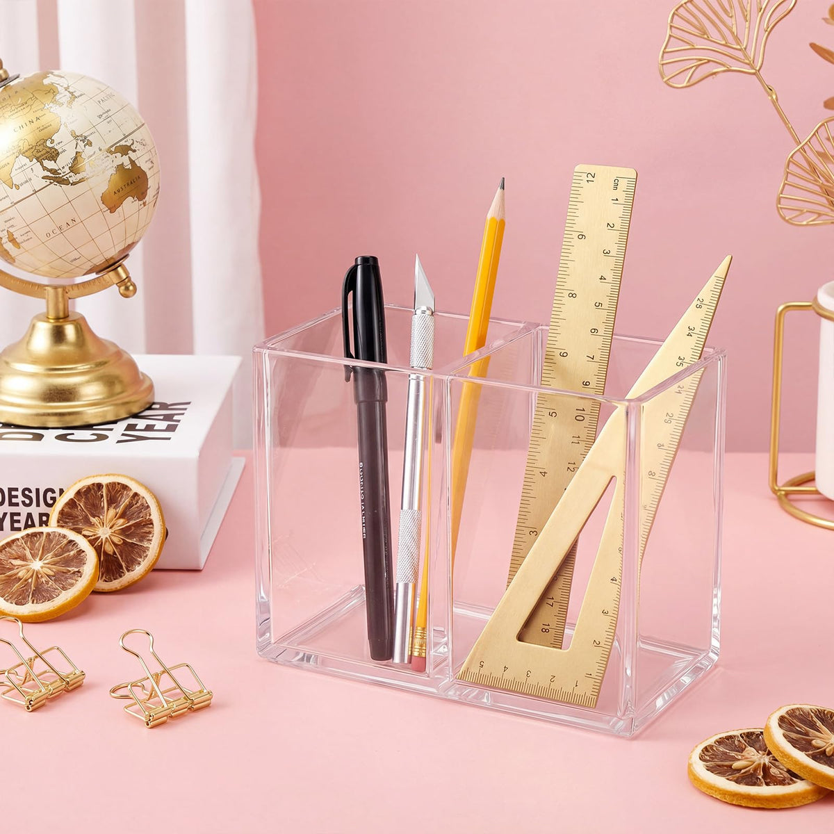 Gejoy 3 Pcs Acrylic Pencil Pen Holder for Desk, Clear 2 Compartment