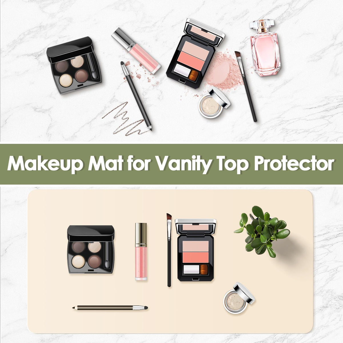 Makeup Mat for Vanity to Protect Desk Top, 31.5x15.7in, Beige&Olive Green