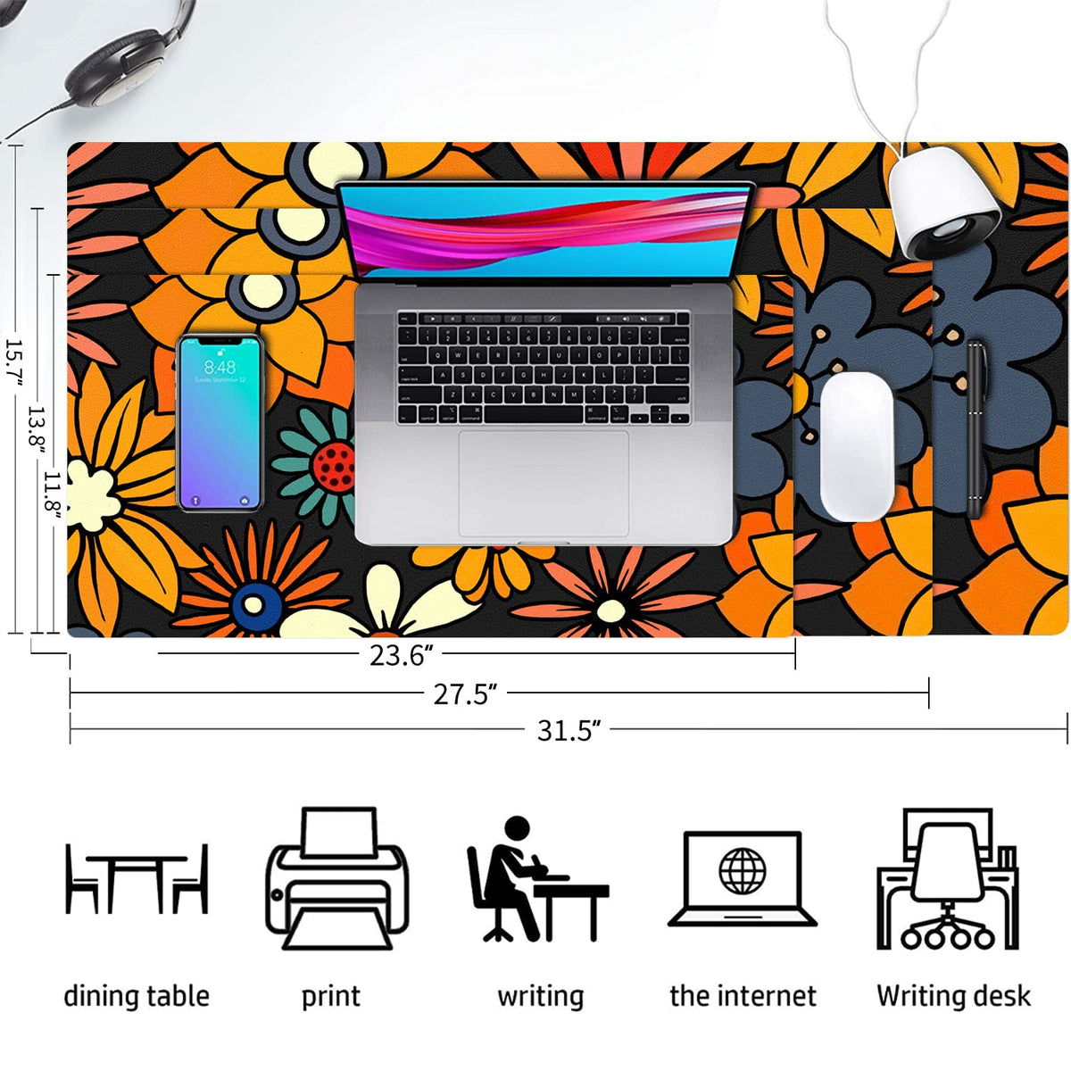 Floral Desk Mat, Non-Slip PU Leather Desk Pad, Retro Flower 23.6"x11.8"