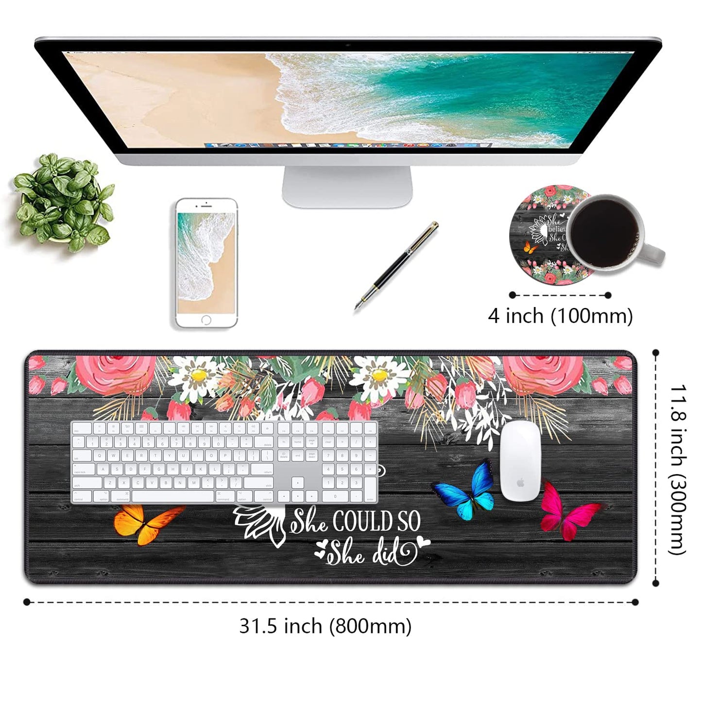 Desk Pad Mat With Coasters - XXL Large Gaming Mouse Pad With Non-Slip Base and Stitched Edge