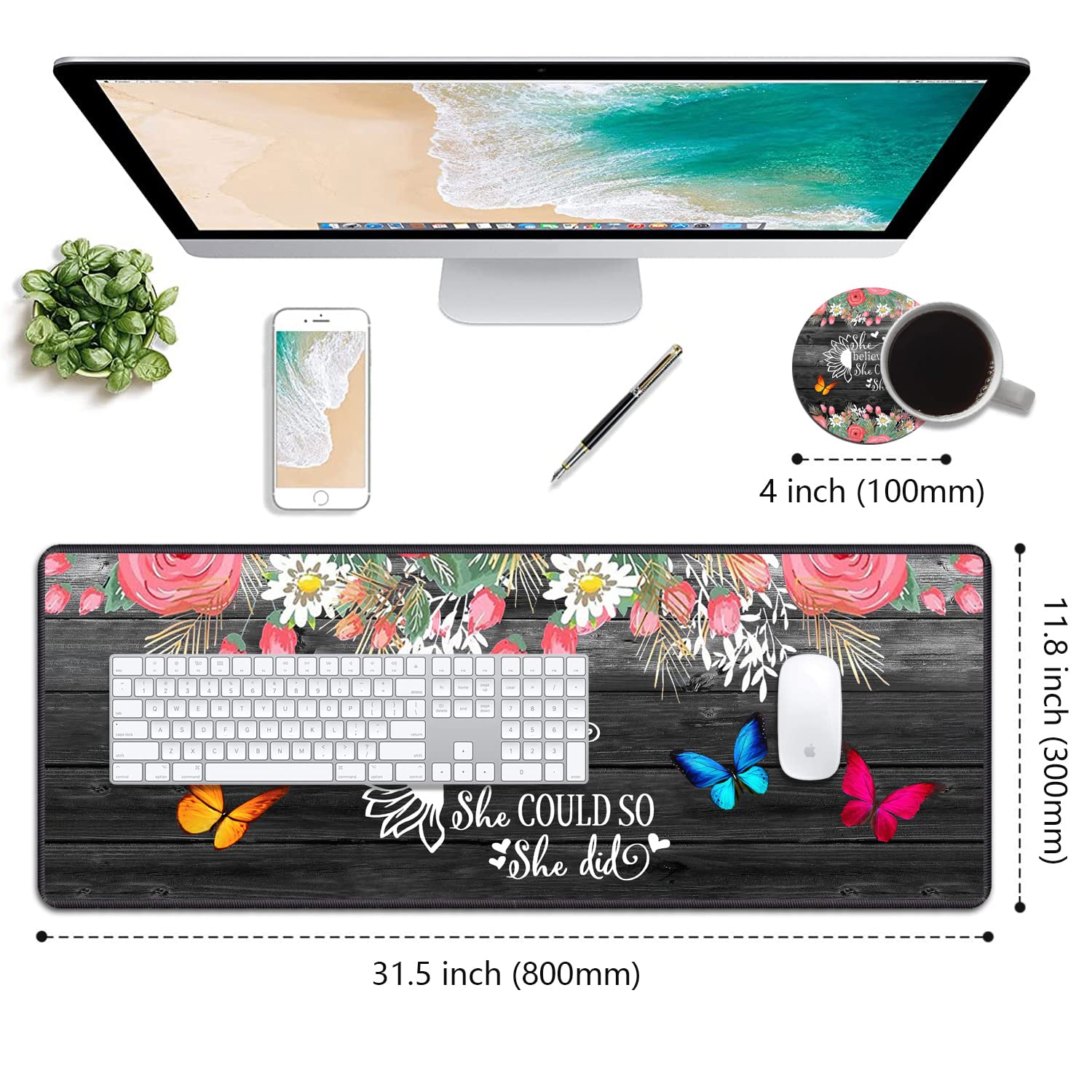 Desk Pad Mat With Coasters - XXL Large Gaming Mouse Pad With Non-Slip Base and Stitched Edge