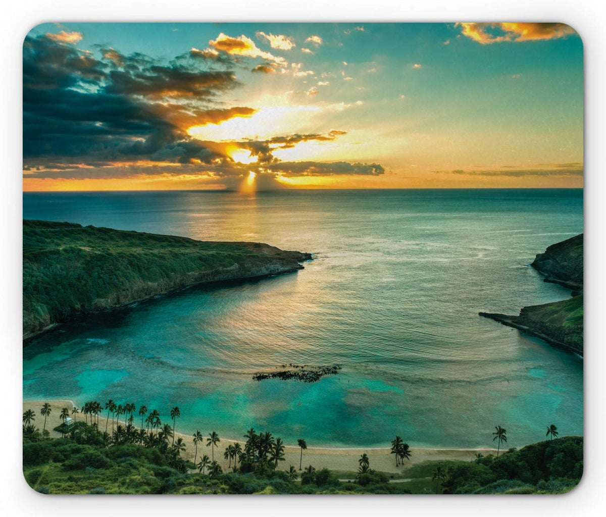 Ambesonne Hawaiian Mouse Pad, Sunrise Over Hanauma Bay Oahu Hawaii Sunbeams Through Clouds