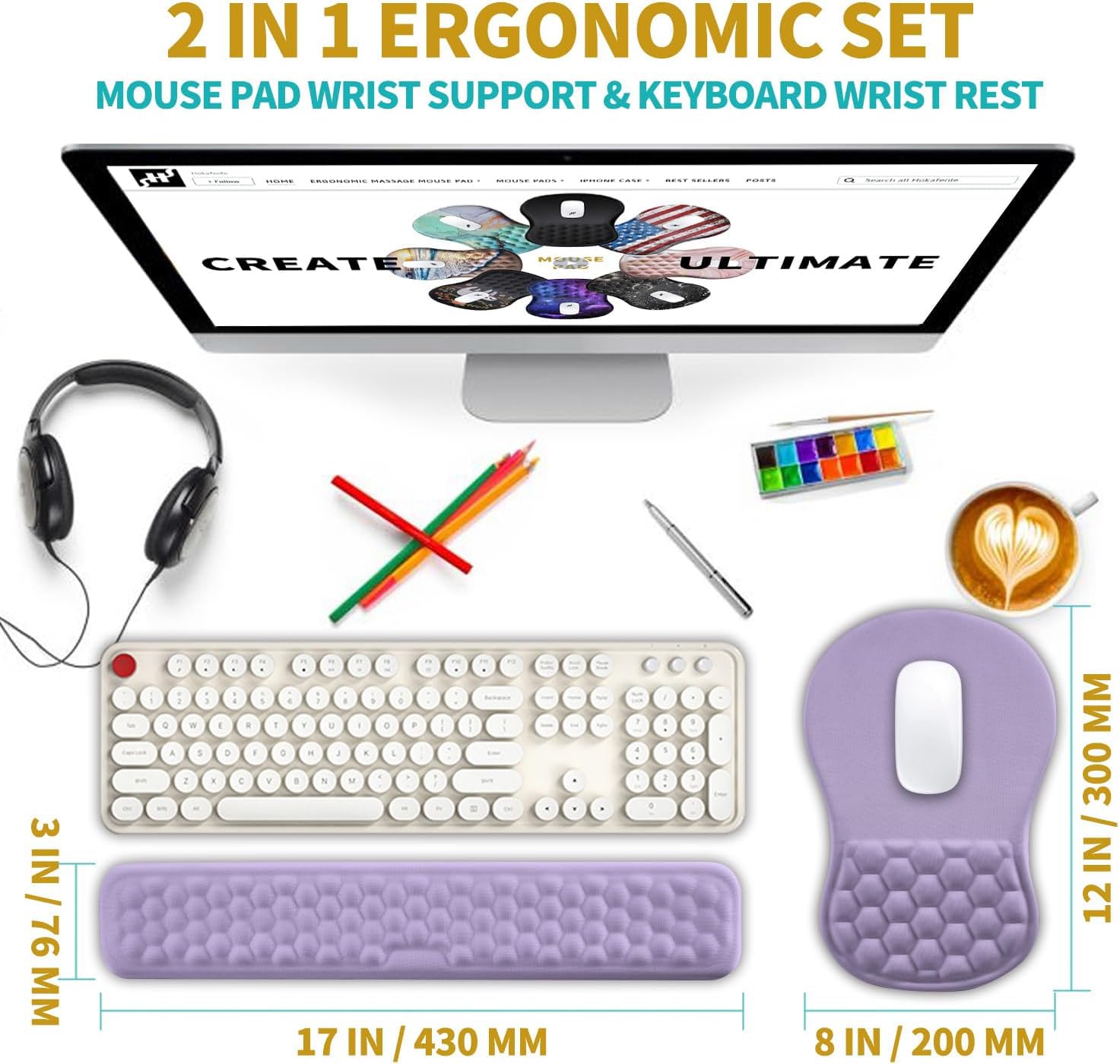 Hokafenle 2 in 1 Ergonomic Mouse Pad Wrist Support & Wrist Rest for Computer Keyboard Set, with