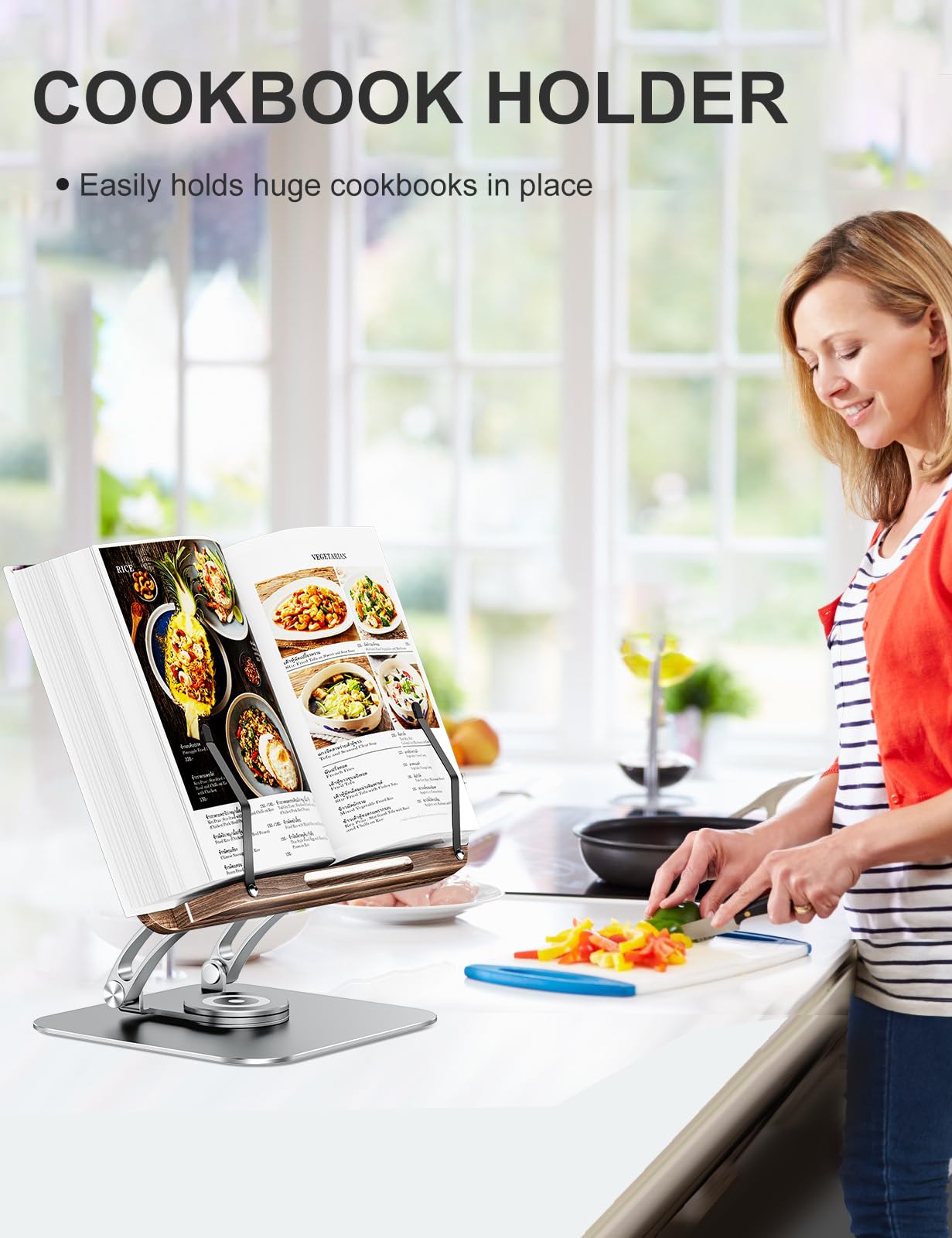 Tounee Book Stand for Reading, Adjustable Book Holder with 360° Swivel Base, Foldable Cookbook
