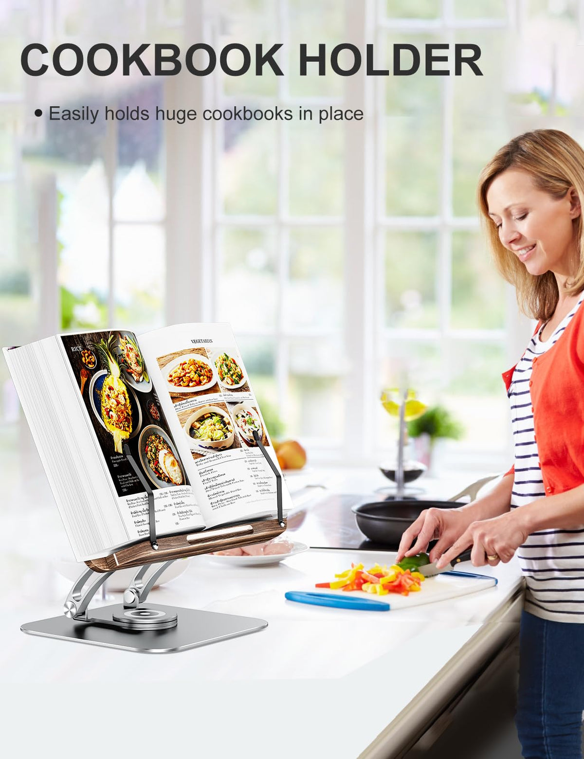 Tounee Book Stand for Reading, Adjustable Book Holder with 360° Swivel Base, Foldable Cookbook