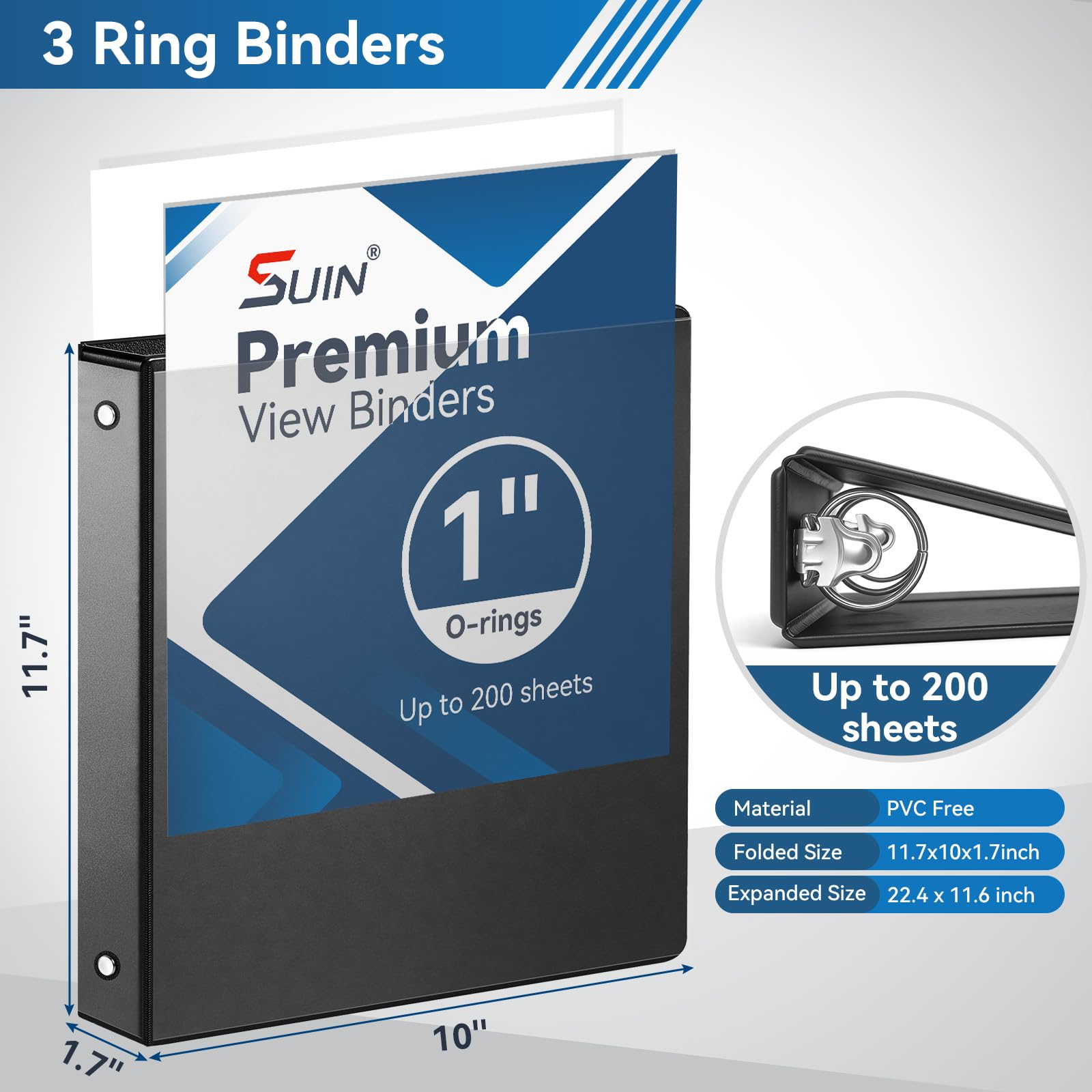 SUIN 1-inch 3 Ring Binder with 2 Interior Pockets, 1''Durable Binders Holds US Letter Size 8.5'' x