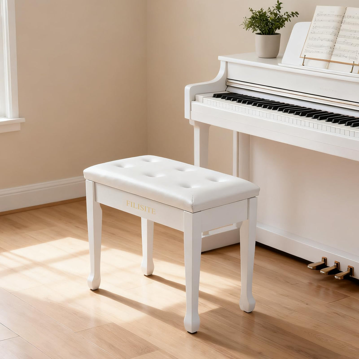 FILISITE Wooden Piano Bench with Storage, Piano Stool with Waterproof Padded Cushion, Bench Seat