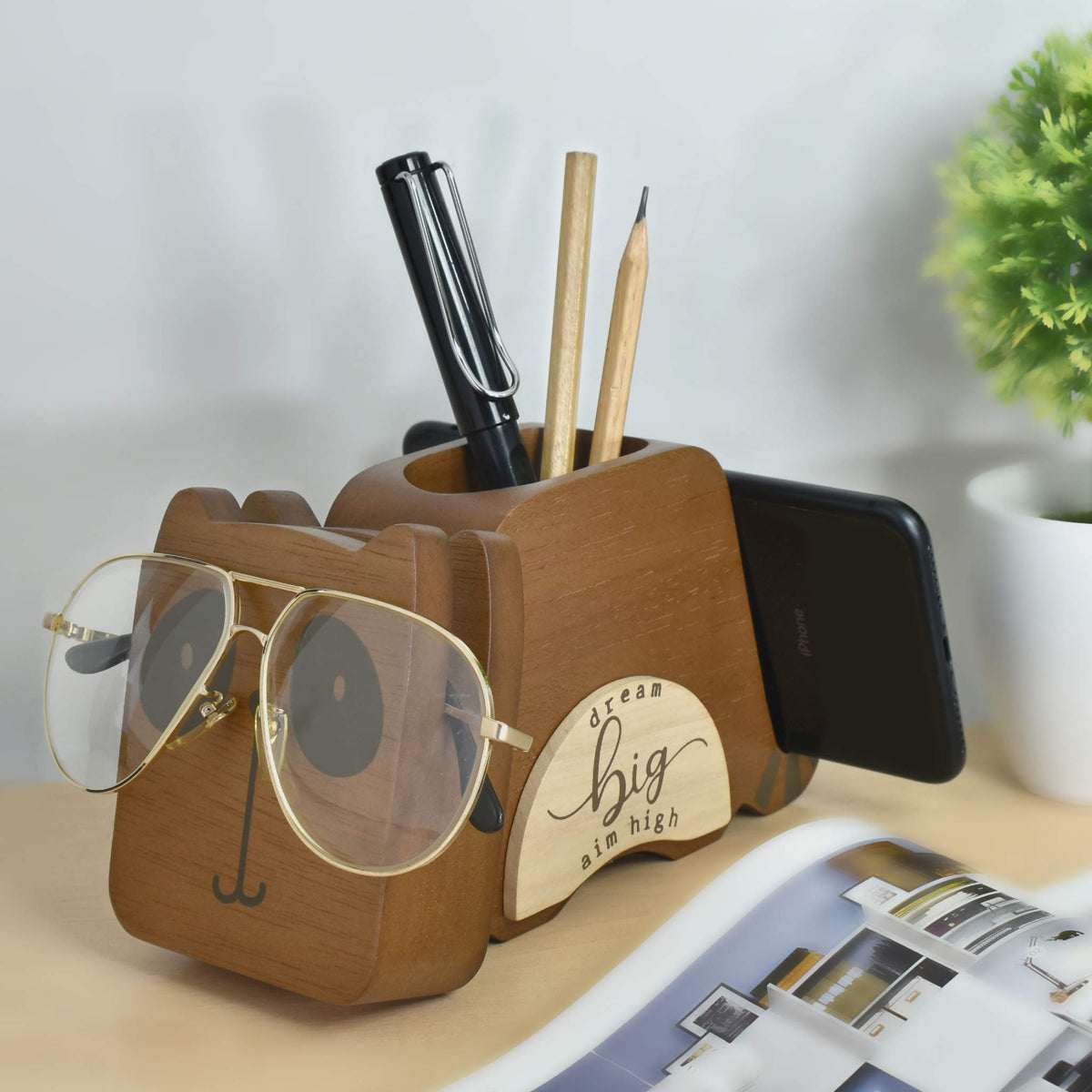 I'm Wood Multipurpose Raccoon Eyeglass Phone Pen & Pencil Holder Stand Stationery Desk Organizer