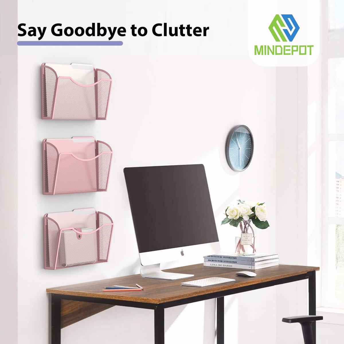 MINDEPOT Wall File Organizer, Hanging Wall File Holder, 3 Pack, Pink