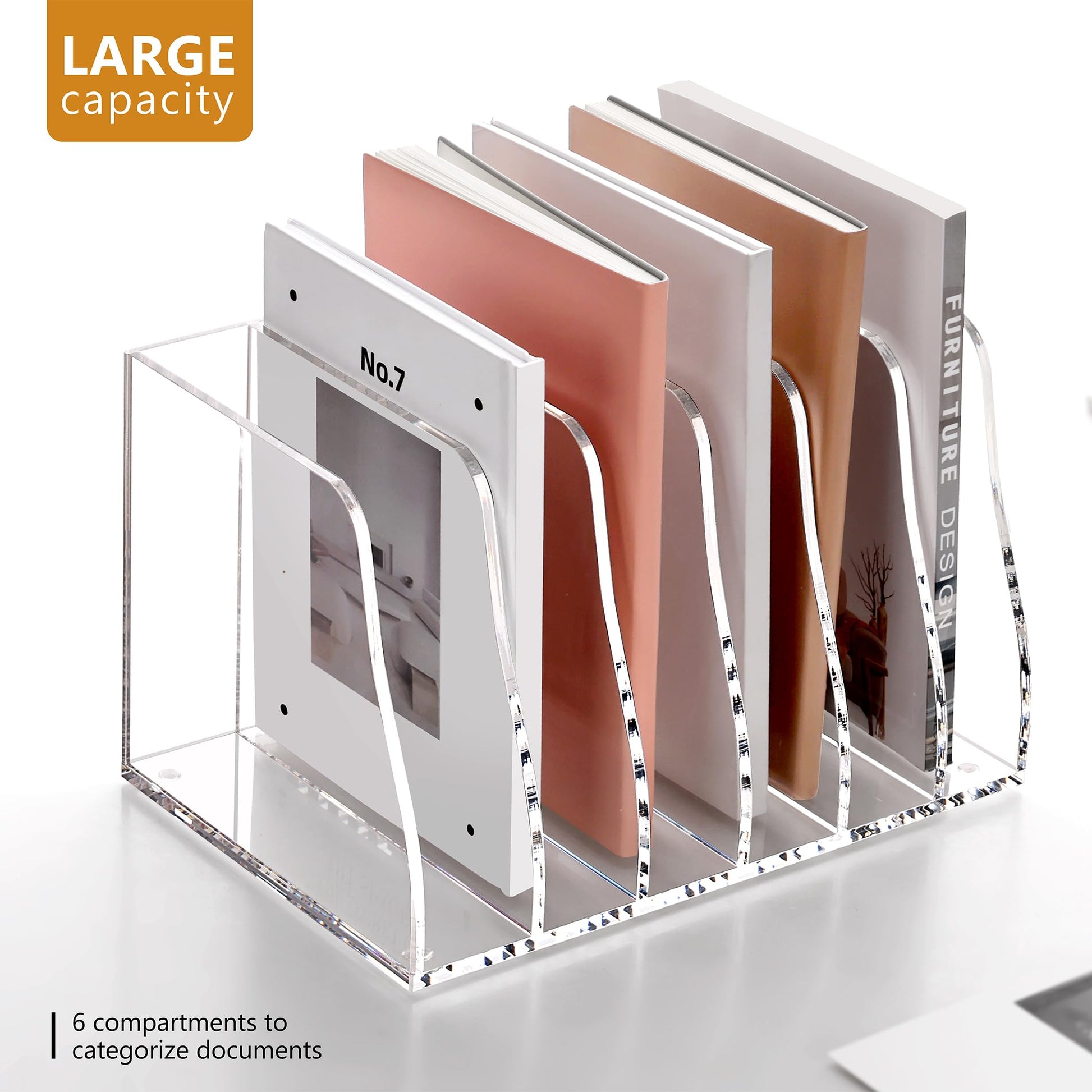 SANRUI Clear Acrylic Magazine File Holder, 6-Section Desk Organizer