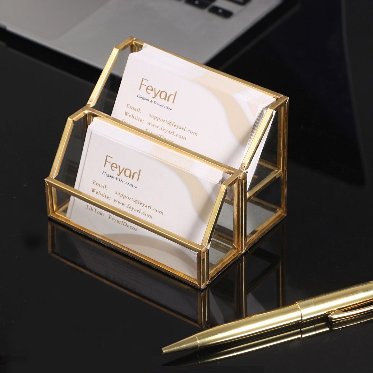Feyarl Gold Glass Business Card Holder 2 Slots Name Cards Display Stand Business Cards Organizer