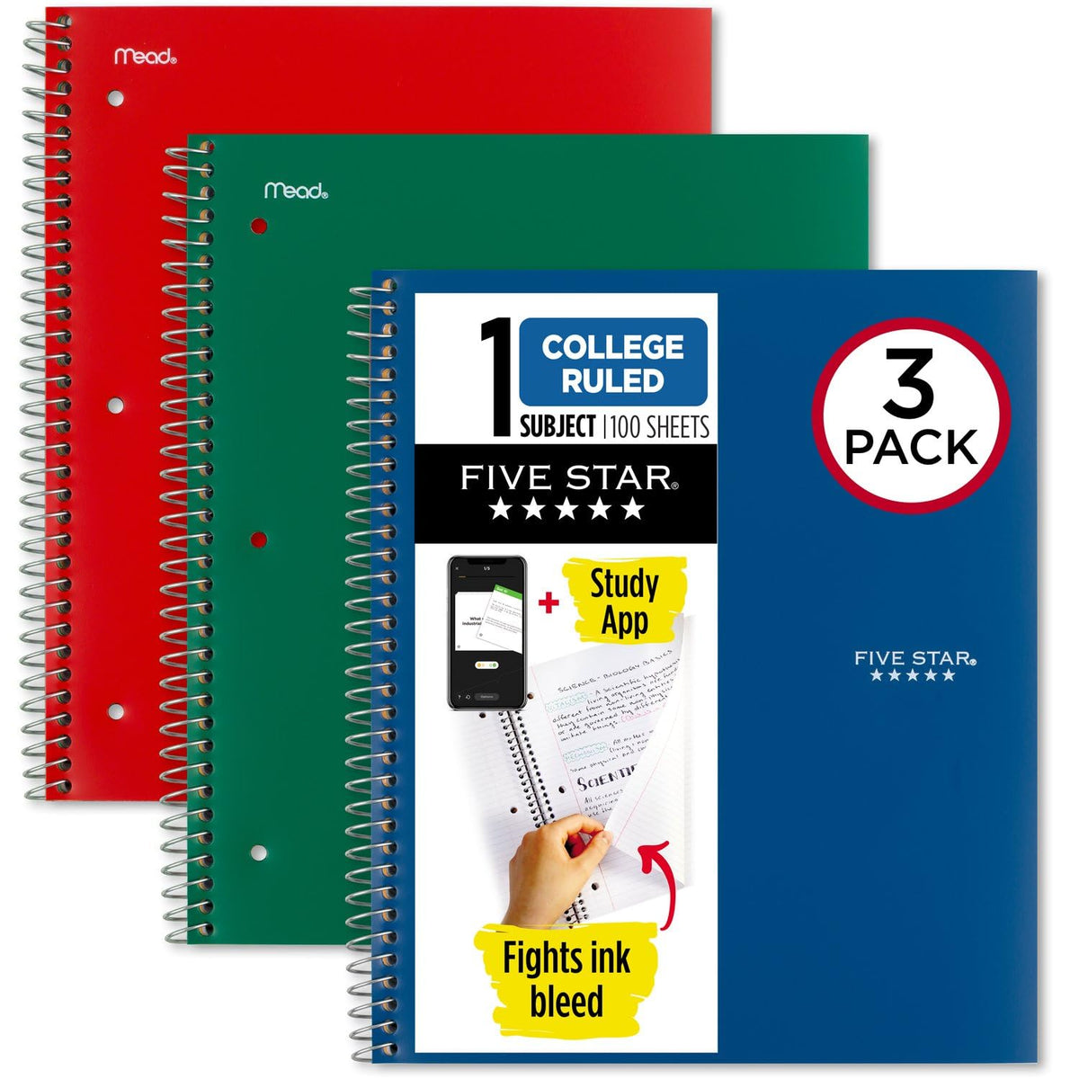Five Star Spiral Notebook + Study App, 3 Pack, 1 Subject, College Ruled Paper, 100 Sheets, 8-1/2" x