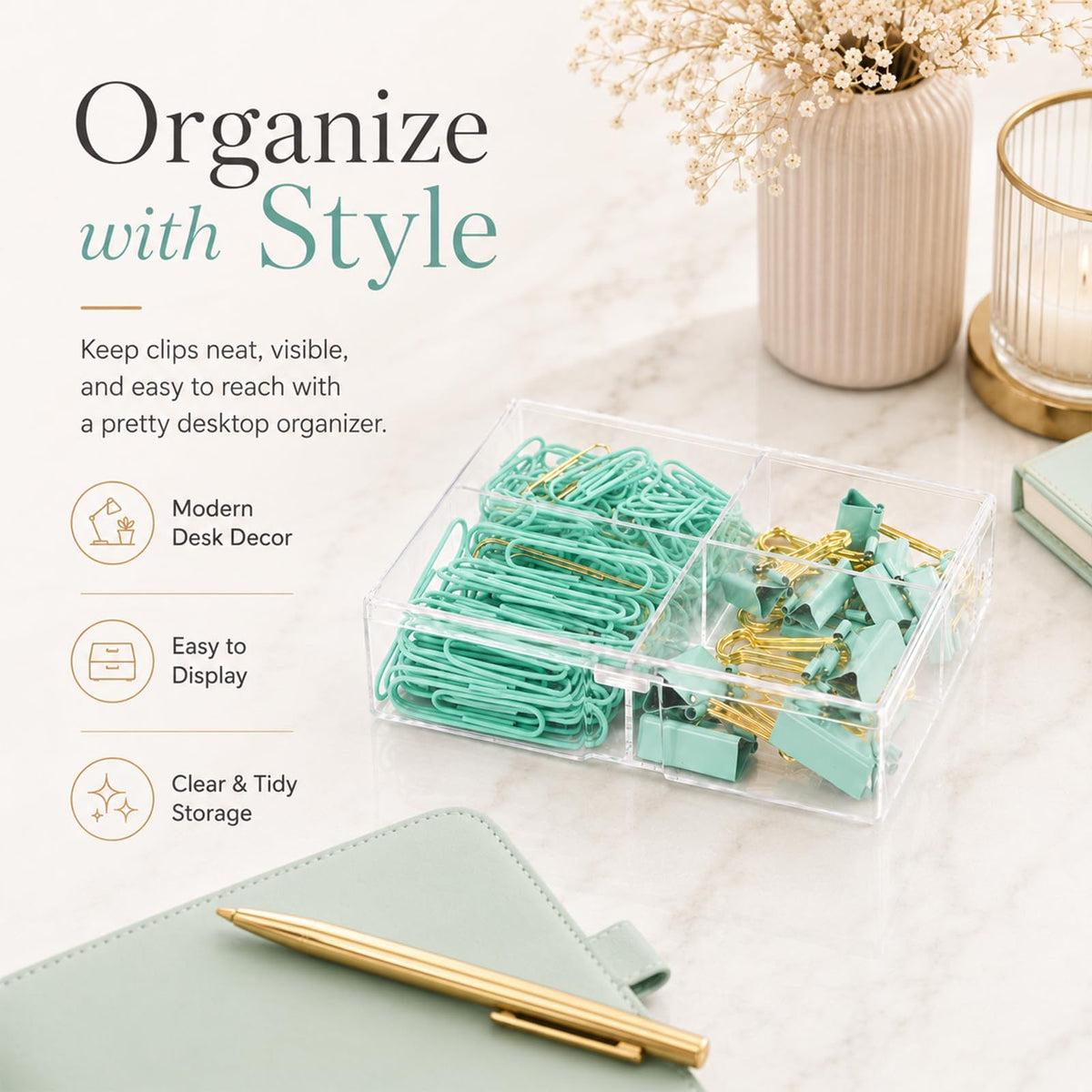 Creechwa Paper Clips and Binder Clips Set, Green & Gold, Assorted Size Clips
