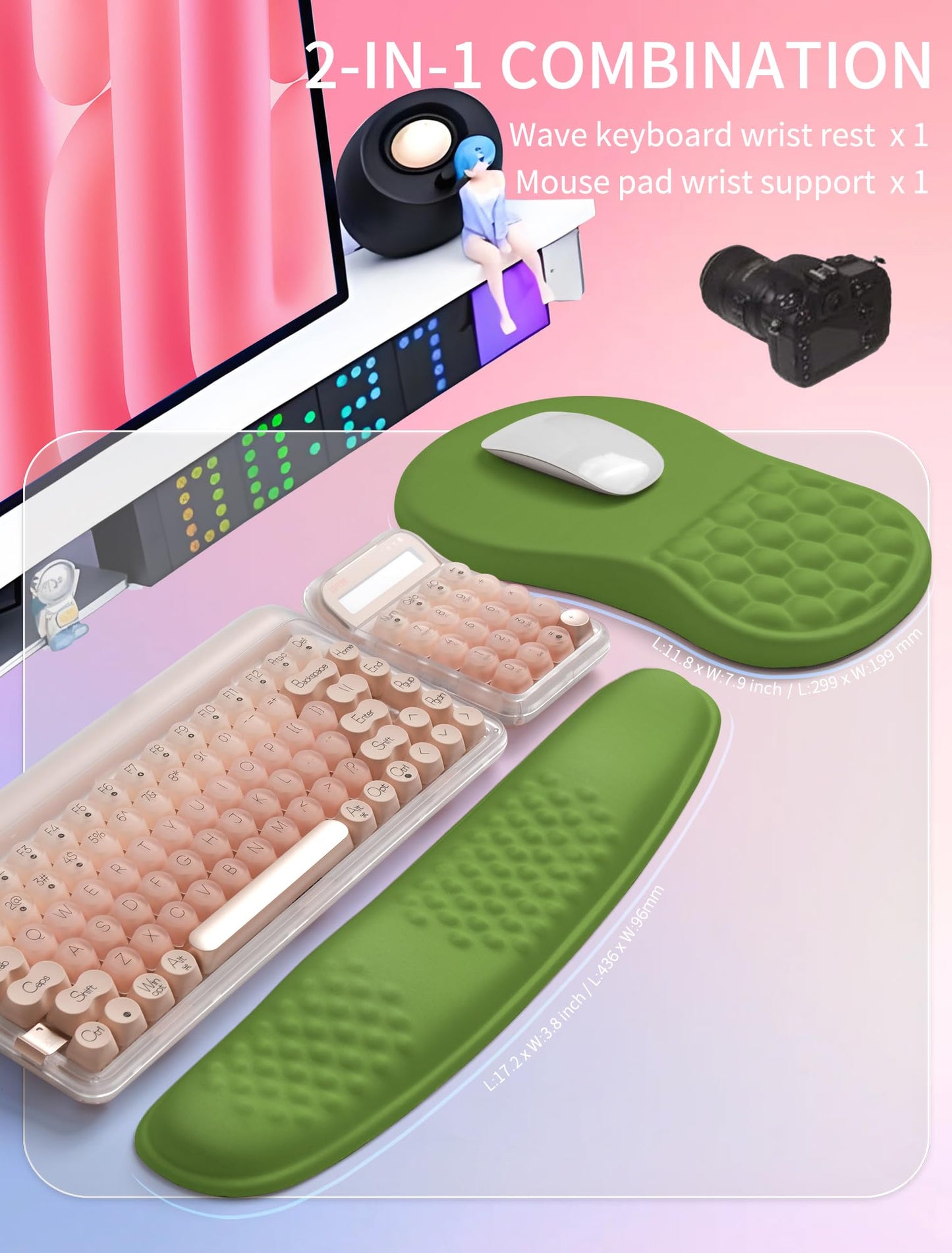 Hokafenle 2in1 Combination, Wave Keyboard Wrist Rest and Ergonomic Curvature Mouse Pad Wrist