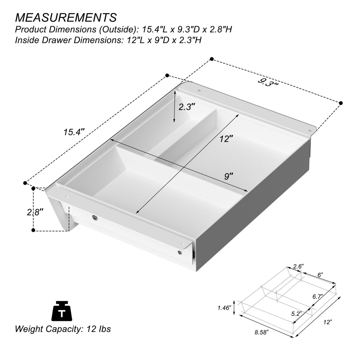 White Under Desk Drawer with Removable Tray, 15.4" Wide 2-in-1 Organizer – 60° Ergonomic Tilt