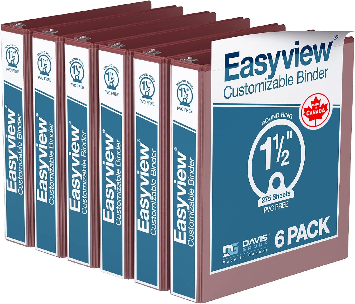 Easyview 3-Ring Binder, Clear-View Cover, 1.5" Round Rings, Burgundy, 6 Pk