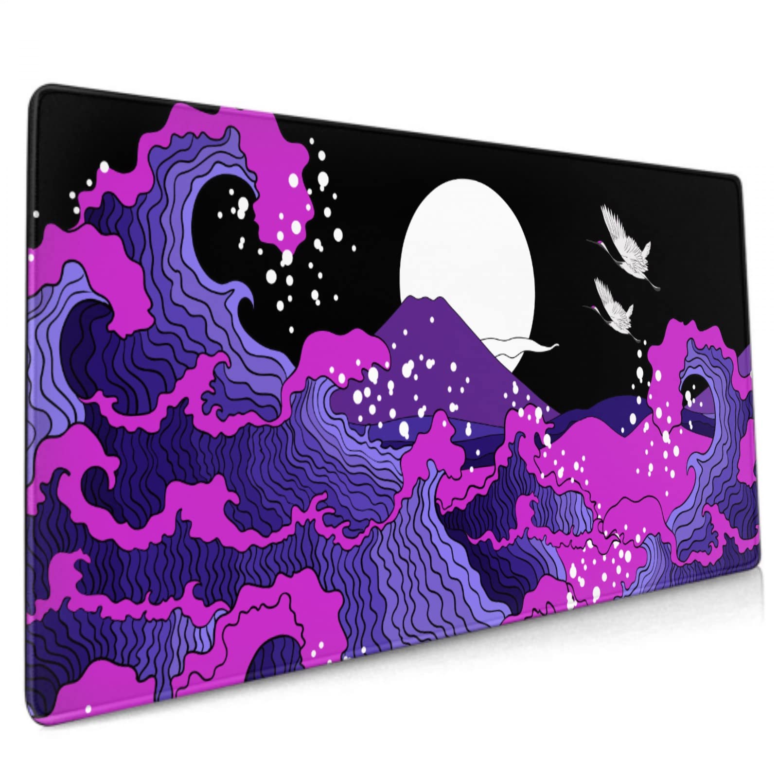 Japanese Balck Blue Purple Wave Gaming Mouse Pad 35.4 X 15.7 Inch XXL Cool Style Art Design Full