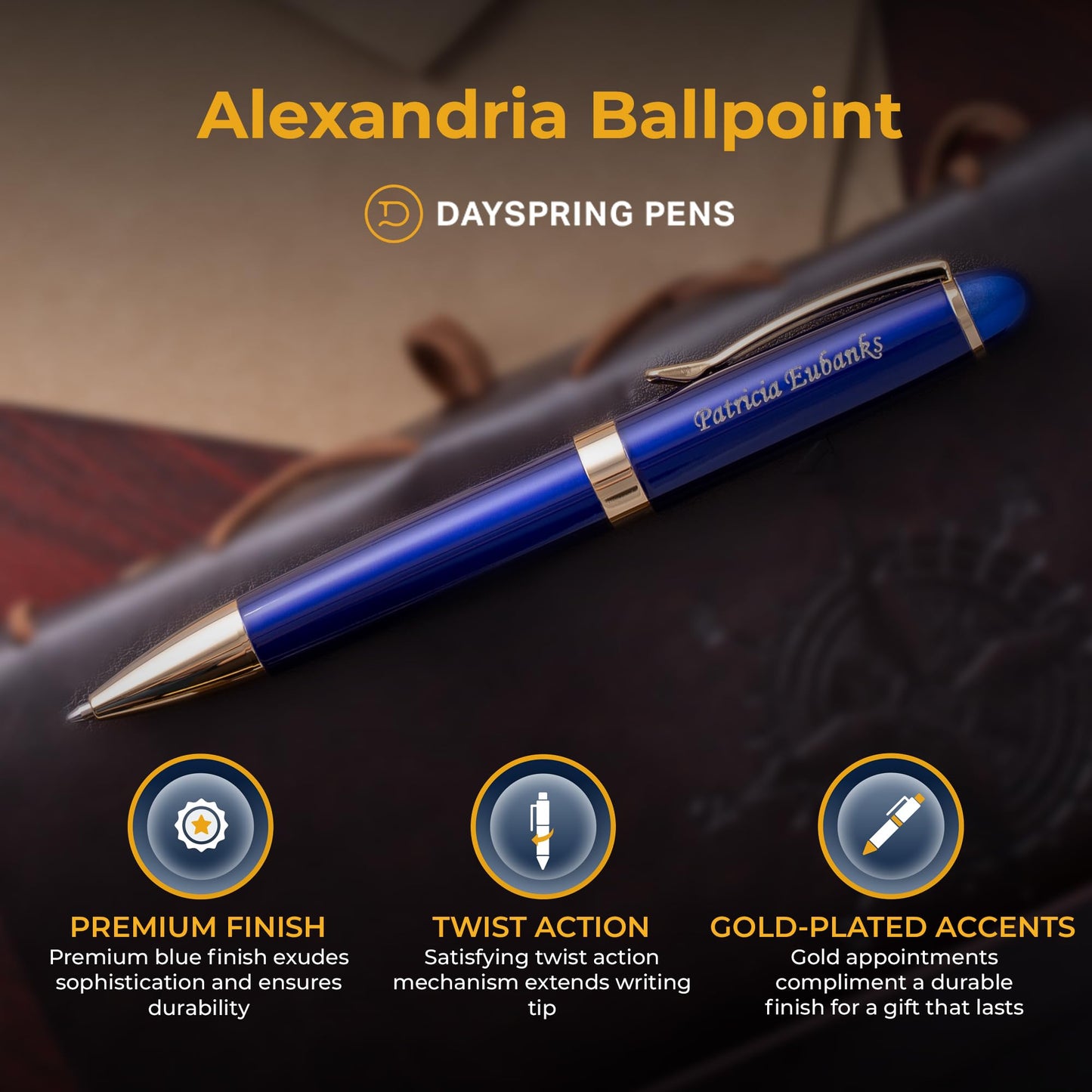 Dayspring Pens Alexandria Personalized Ballpoint Pen in Blue with Gold Trim