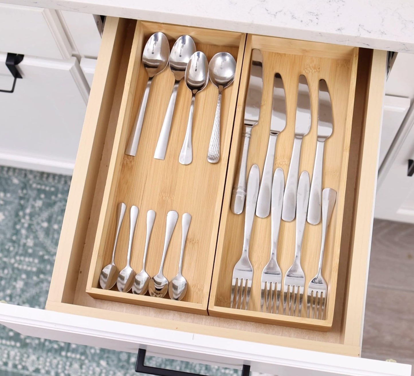 Fabsome Kitchen Utensil Drawer Organizer, Bamboo Silverware Cutlery Flatware Organizer Bins, Wooden