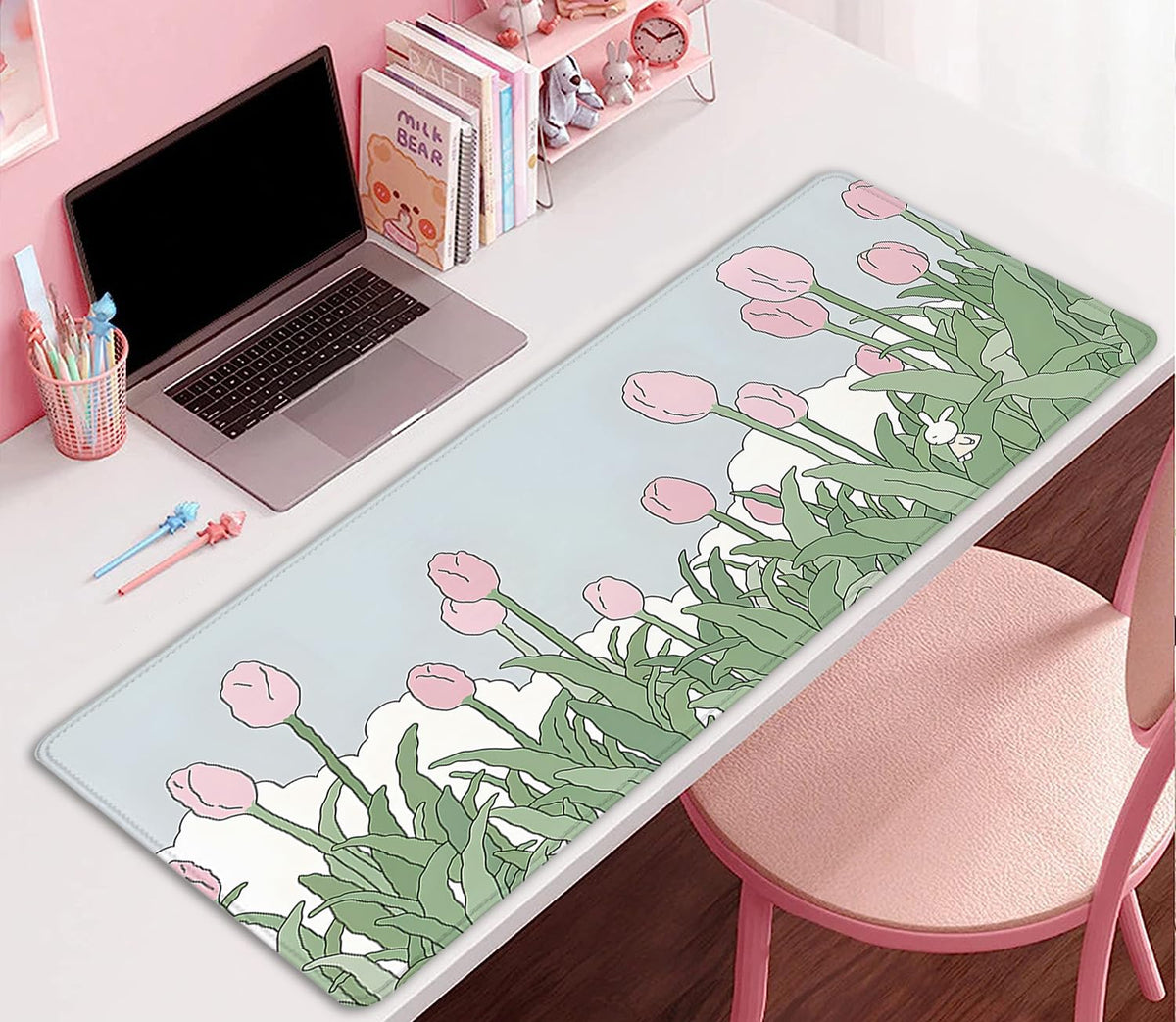 Tulip Flower Mouse Pads,Pink Mouse Pad for Woman,Large Desktop Mat for Keyboard and Mouse,XL