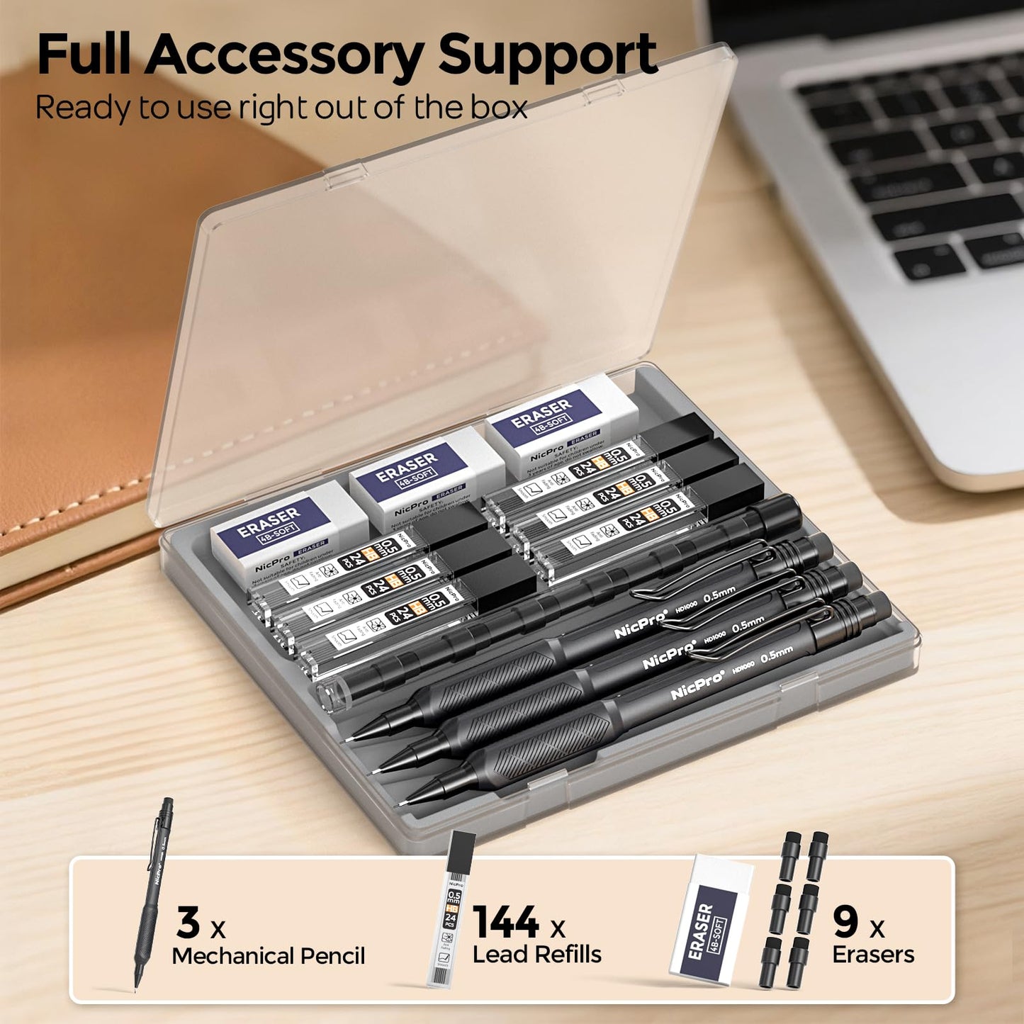 Nicpro 0.5 mm Mechanical Pencil Set with Case, 3PCS Mechanical Pencils 0.5