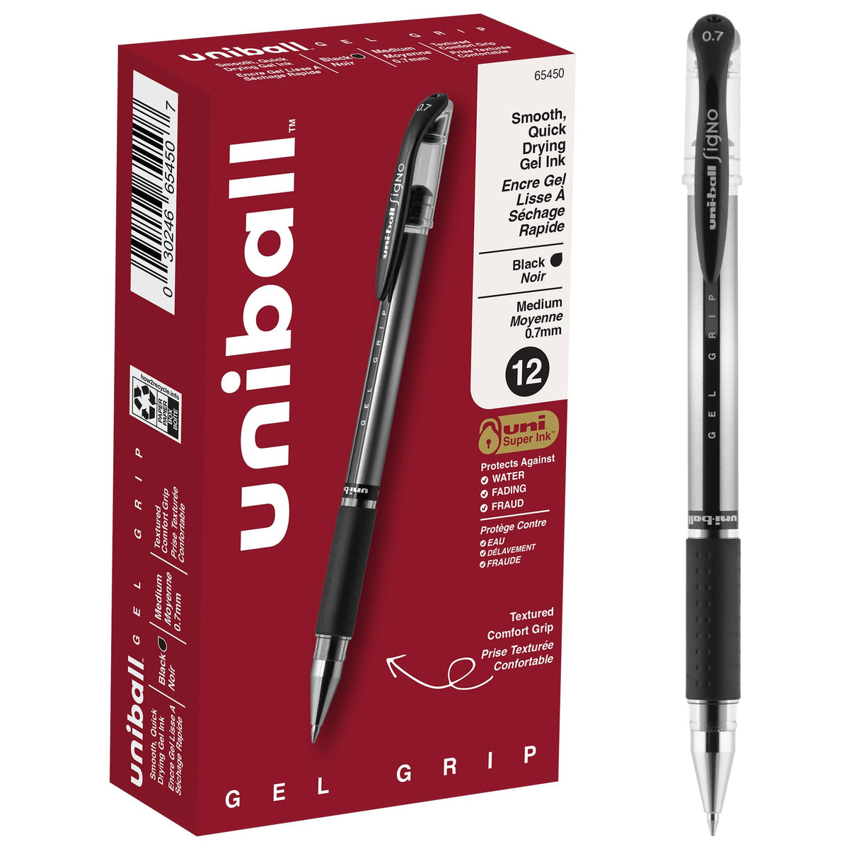 uniball™ Gel Grip Gel Pens, Medium Point (0.7mm), Black, 12 Pack