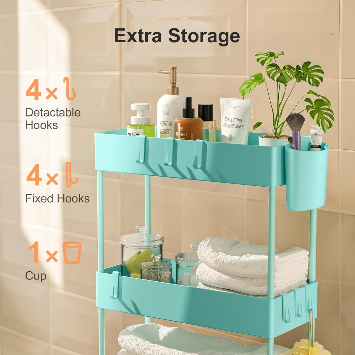 Pipishell 4 Tier Slim Storage Cart with Wheels, Laundry Cart, Turquoise