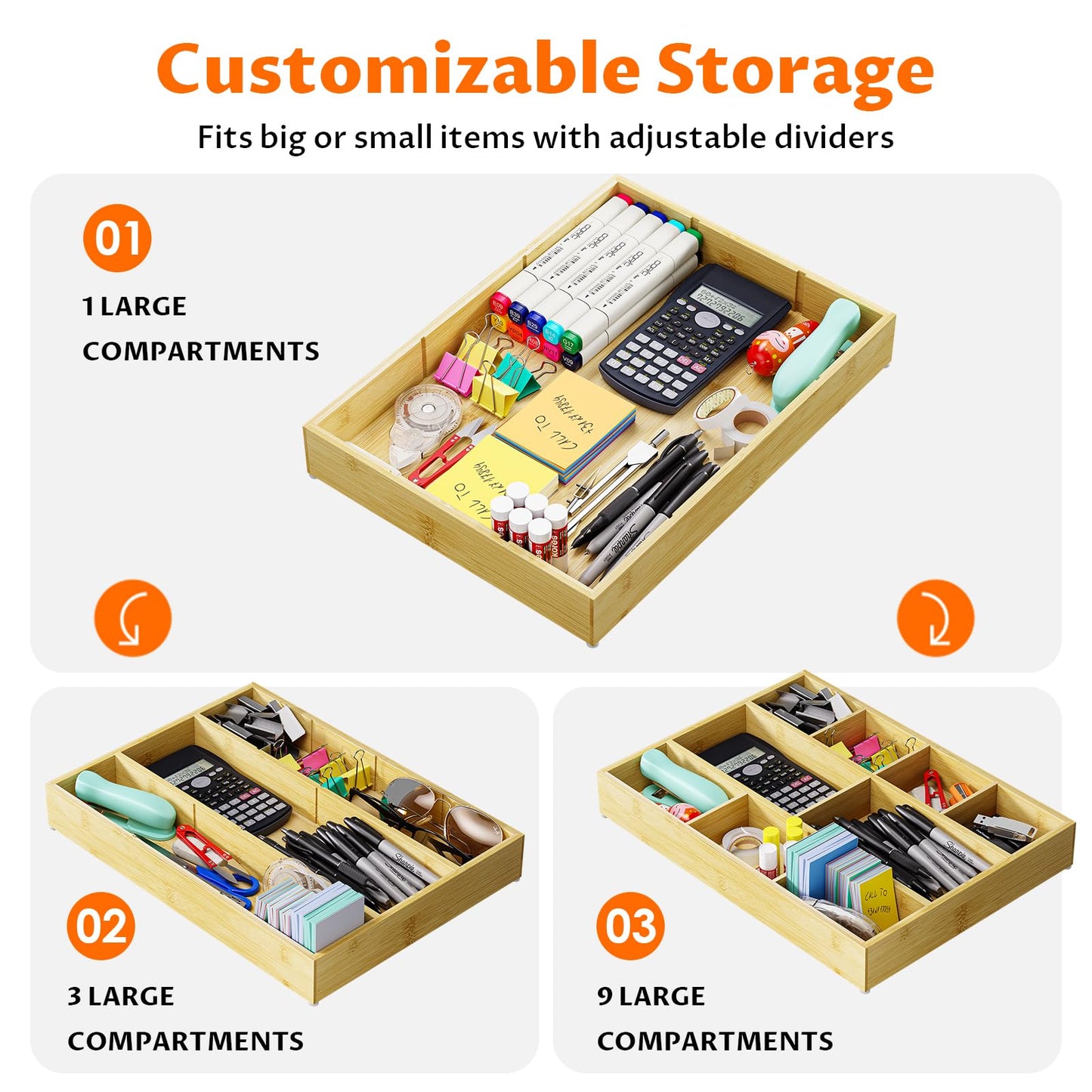 Bamboo Drawer Organizer with 9 Adjustable Compartments, Desk Storage Tray