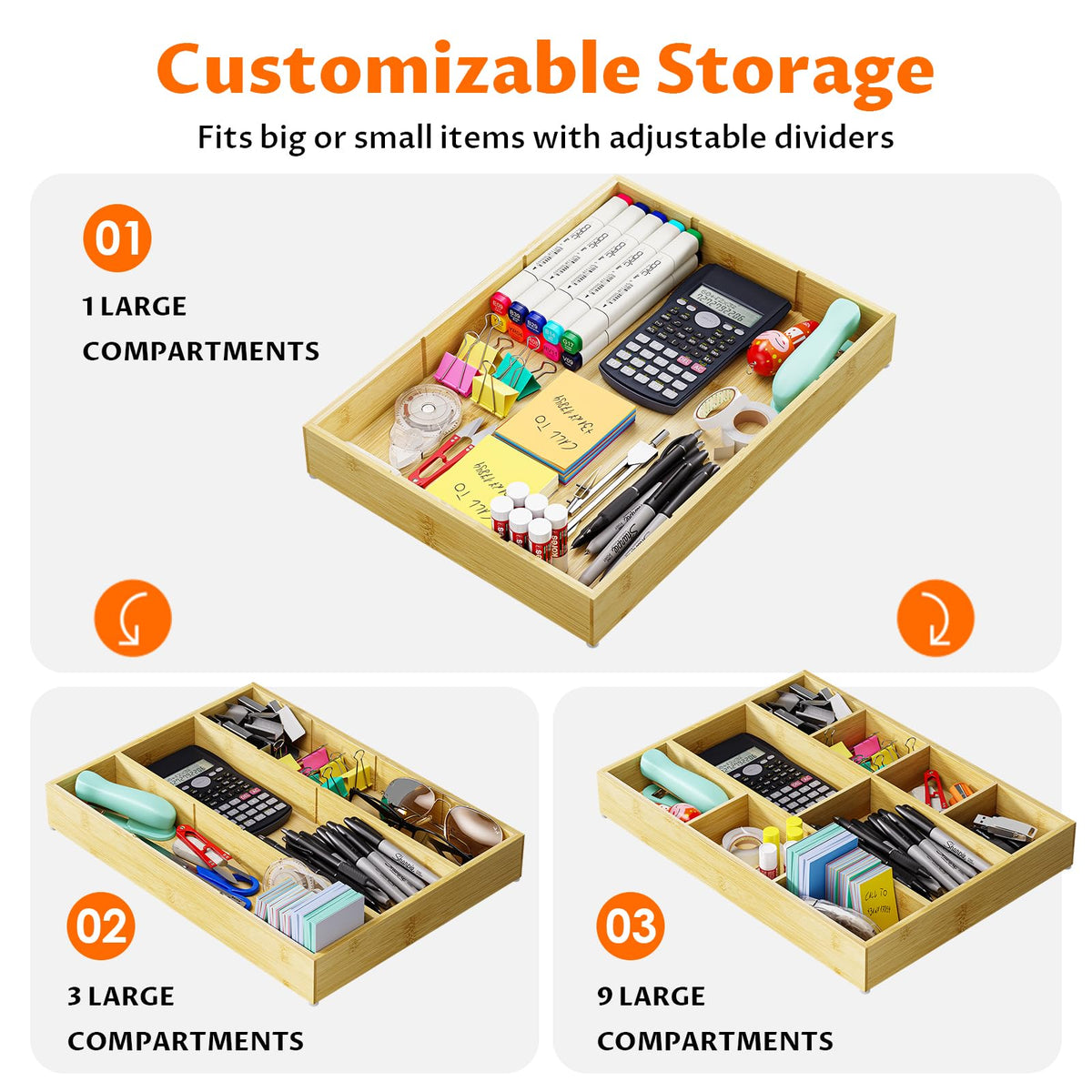 Bamboo Drawer Organizer with 9 Adjustable Compartments, Desk Storage Tray