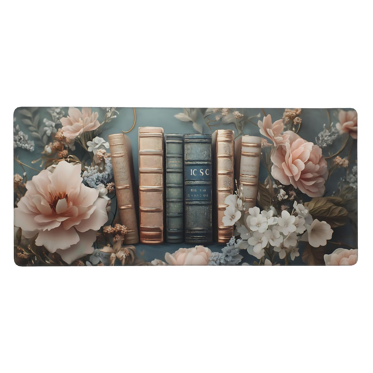 Floral Aesthetic Book Gaming Mouse Pad, Morandi Rococo Desk Mat with Anti-Slip Base & Stitched