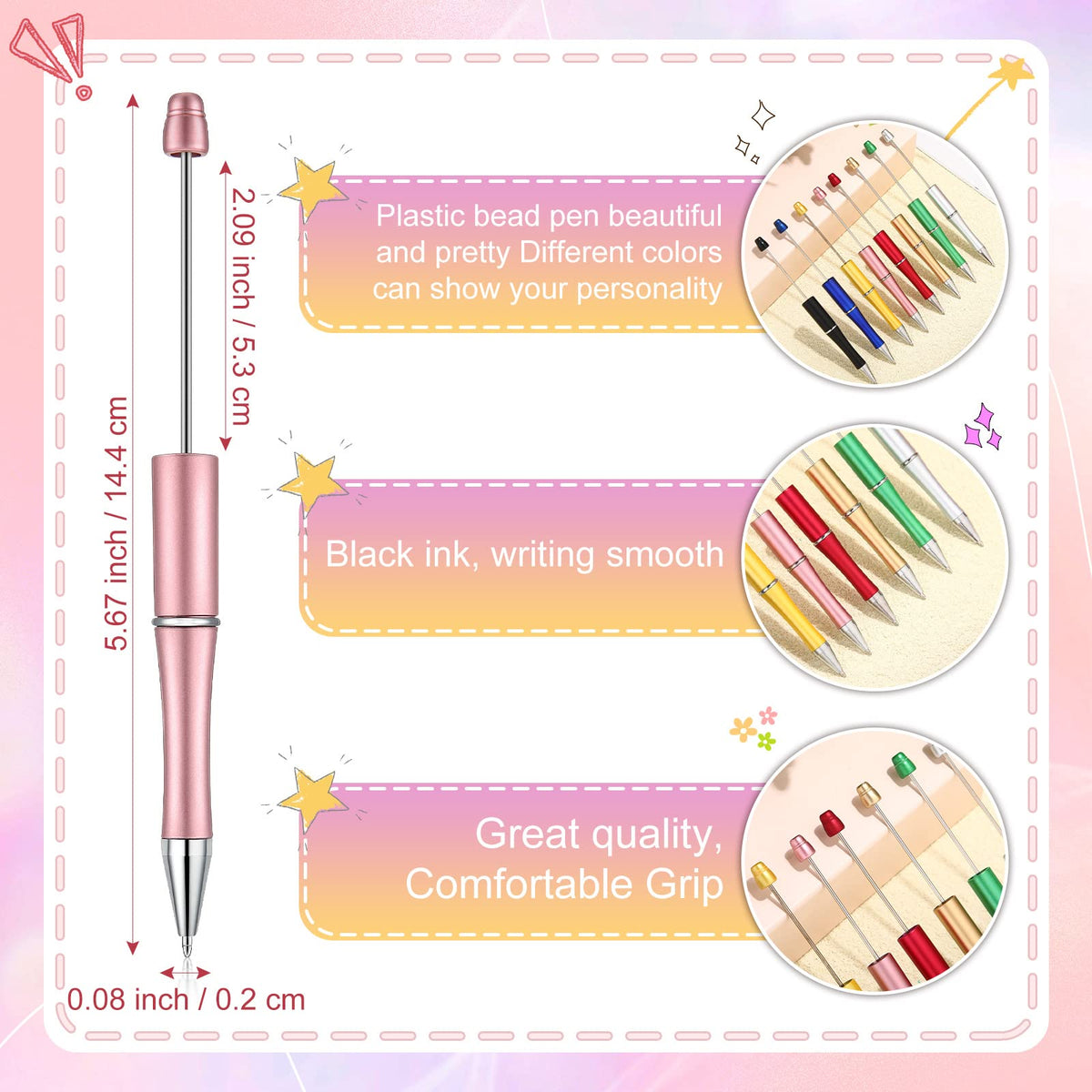 Kosiz 60 Pieces Beadable Pens Bulk Black Ink Pens,Rainbow,Simple