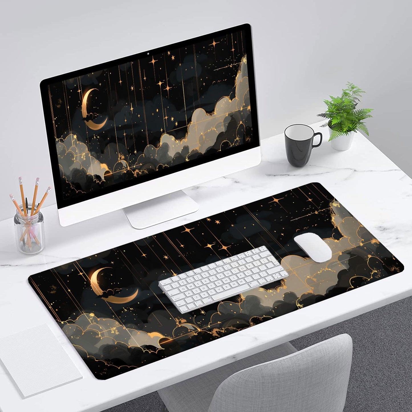 Black Gold Celestial Desk Mat - Extended Gaming Mouse Pad with Stitched Edge Non-Slip Base