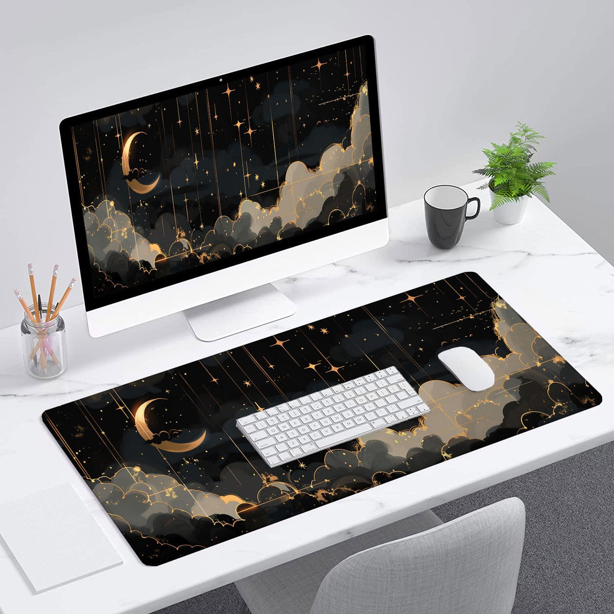 Black Gold Celestial Desk Pad Space Moon Cloud Extended Gaming Mouse Pad Mat with Stitched Edge