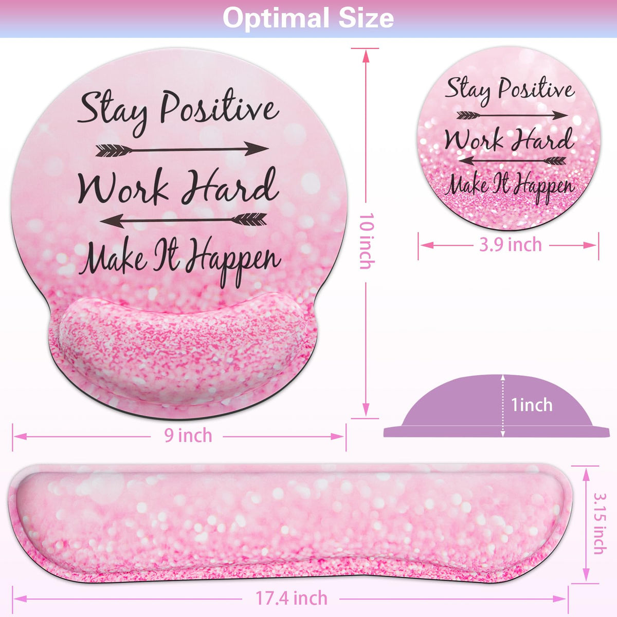 QOMOLAMA Mouse Pad with Wrist Rest Set Pink, 3-in-1 Wrist Support Mousepad Set,Gaming Mat Pad with