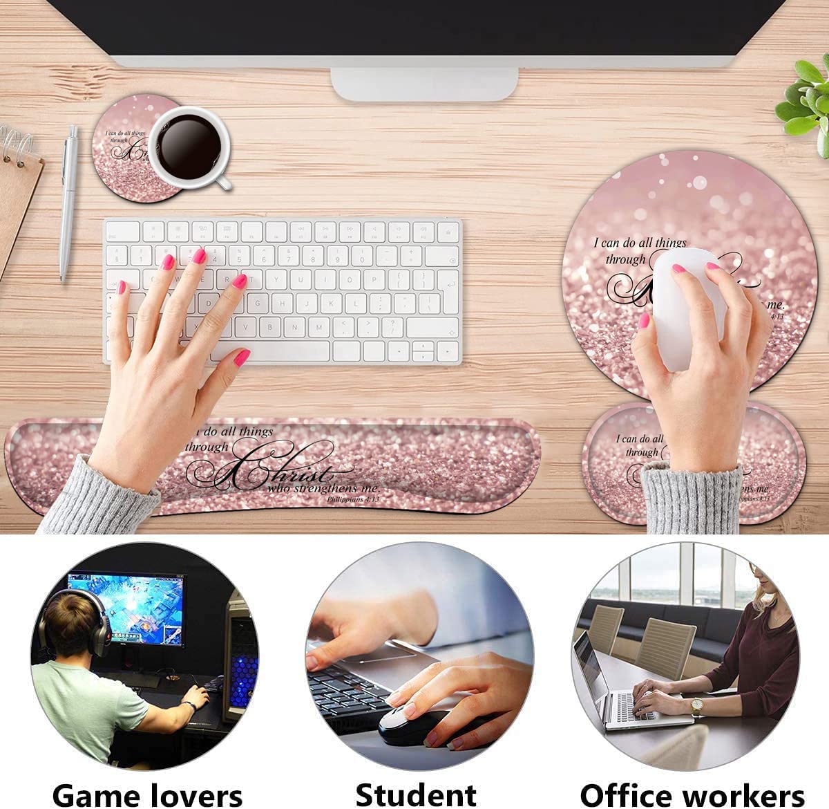 Keyboard Wrist Rest + Mouse Pad + Mouse Wrist Rest Support Set+ Coaster, Ergonomic Memory Foam,4Pcs
