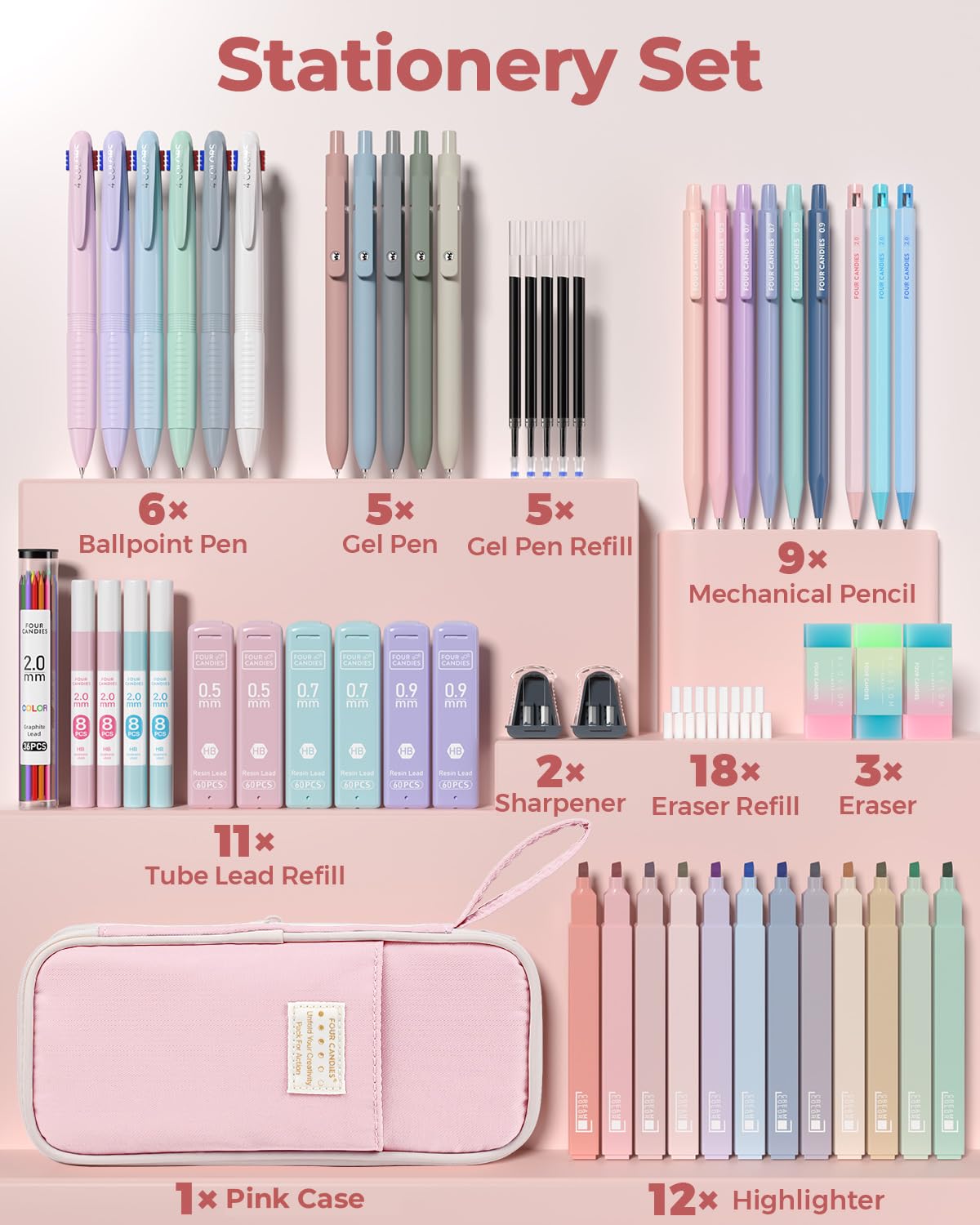 Four Candies 56PCS School Supplies with Pencil Case, Stationery Set, Pink