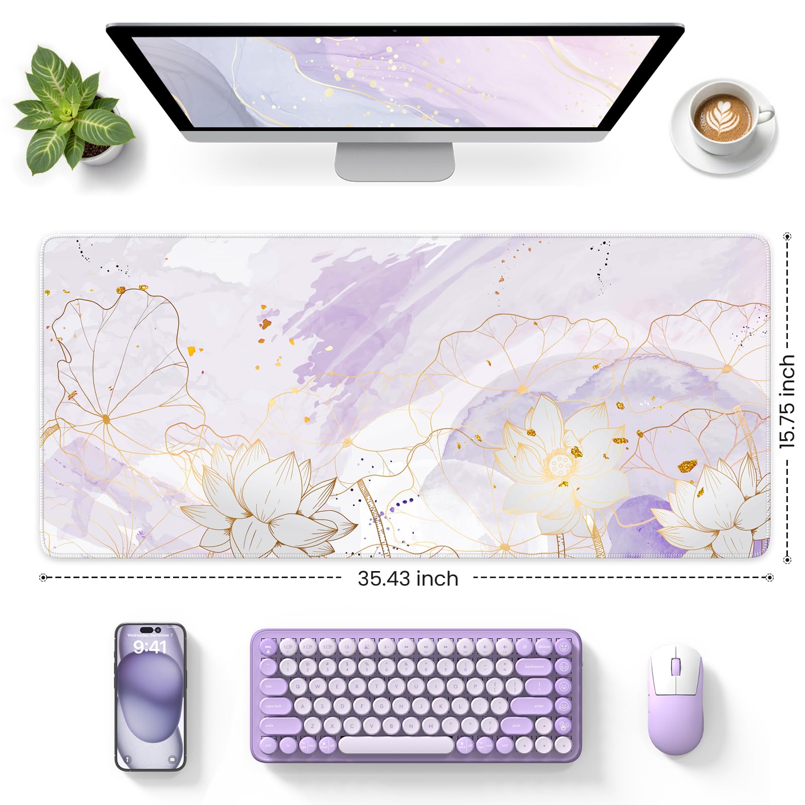 iCasso Desk Cover Mat, Extra Large Lotus Mouse Pad, Purple Lotus Leaf
