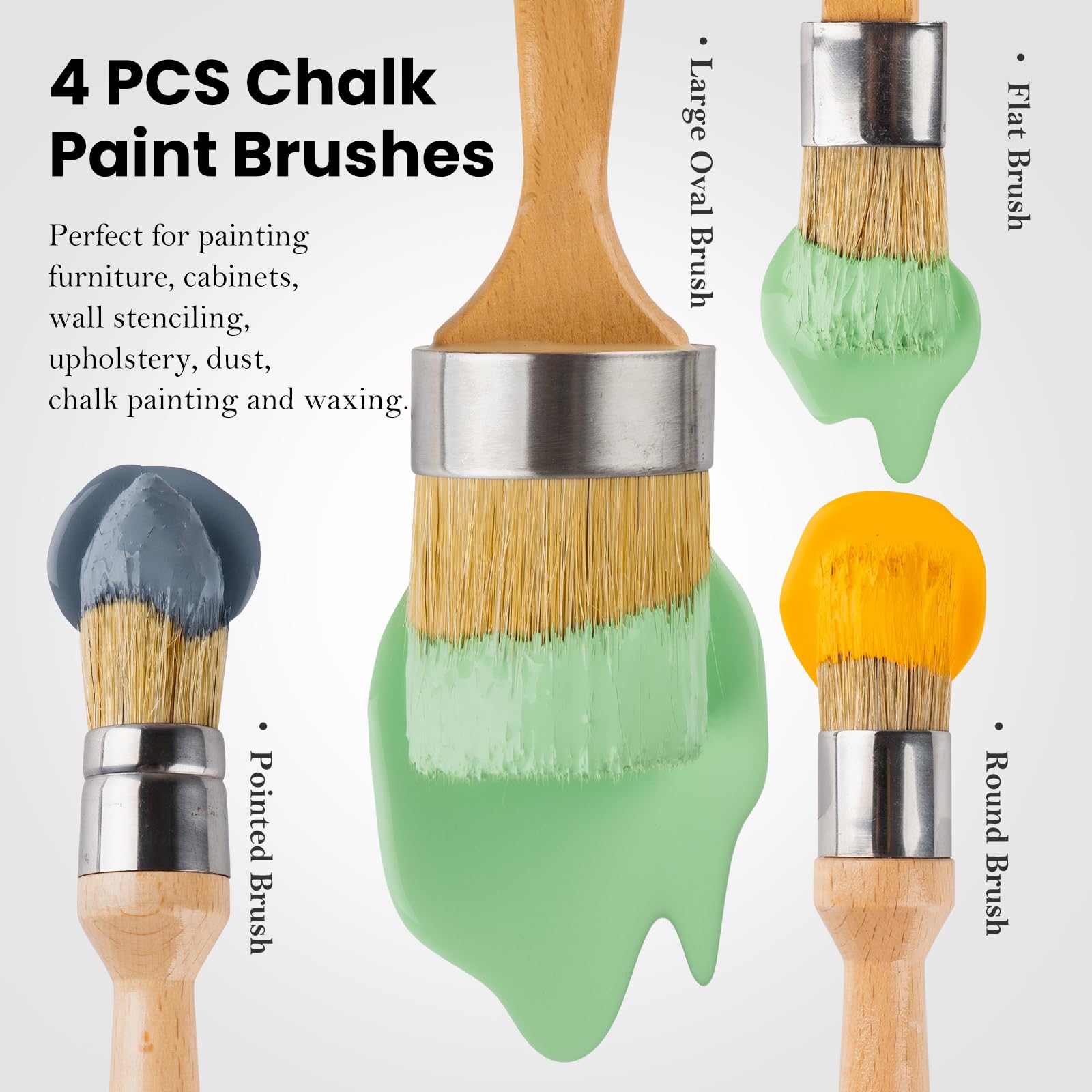 YiBaiBrush Chalk and Wax Paint Brush Furniture Set of 4, Natural Bristles