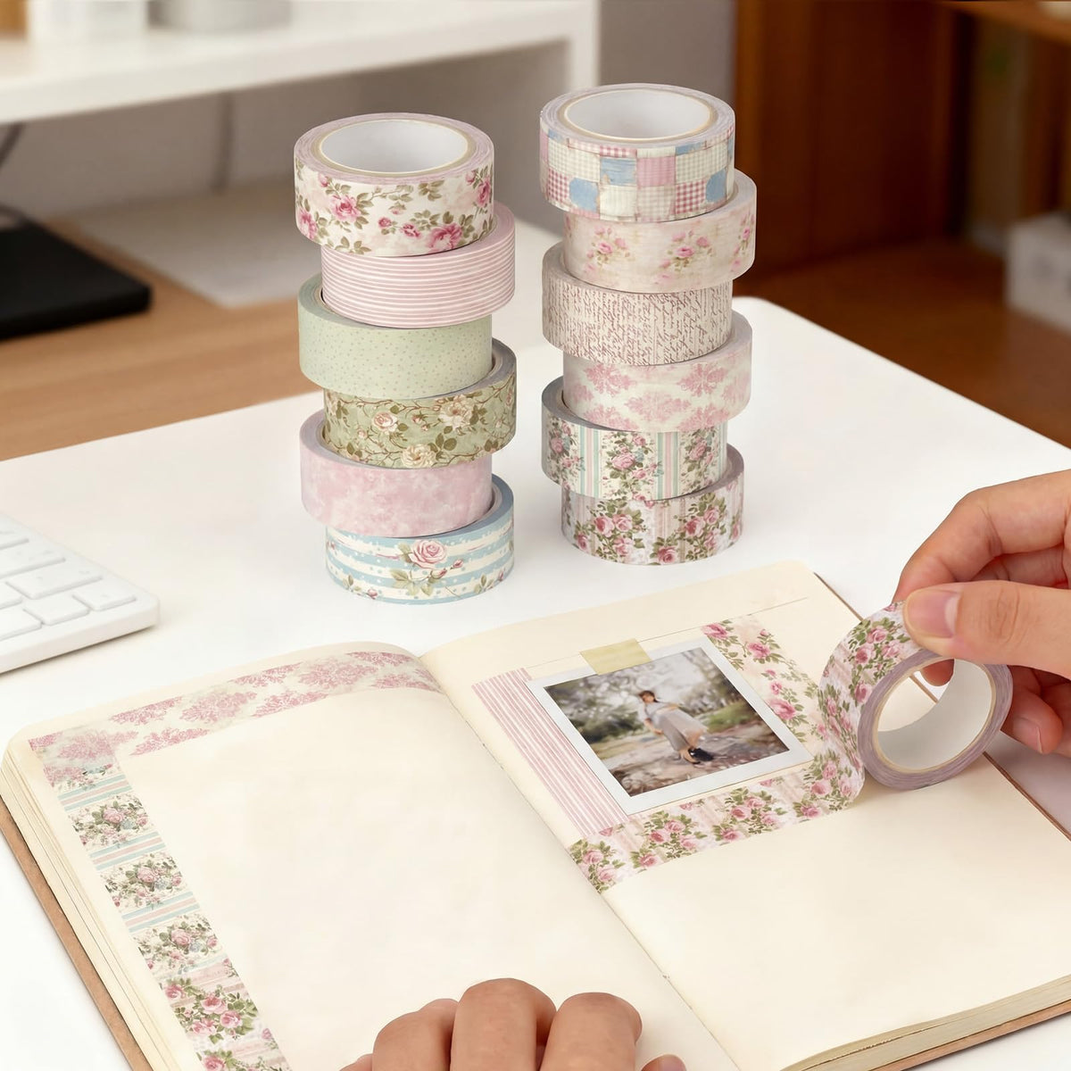 YooNotee 12 Rolls Floral Washi Tape Set,Vintage Pink,Cottagecore