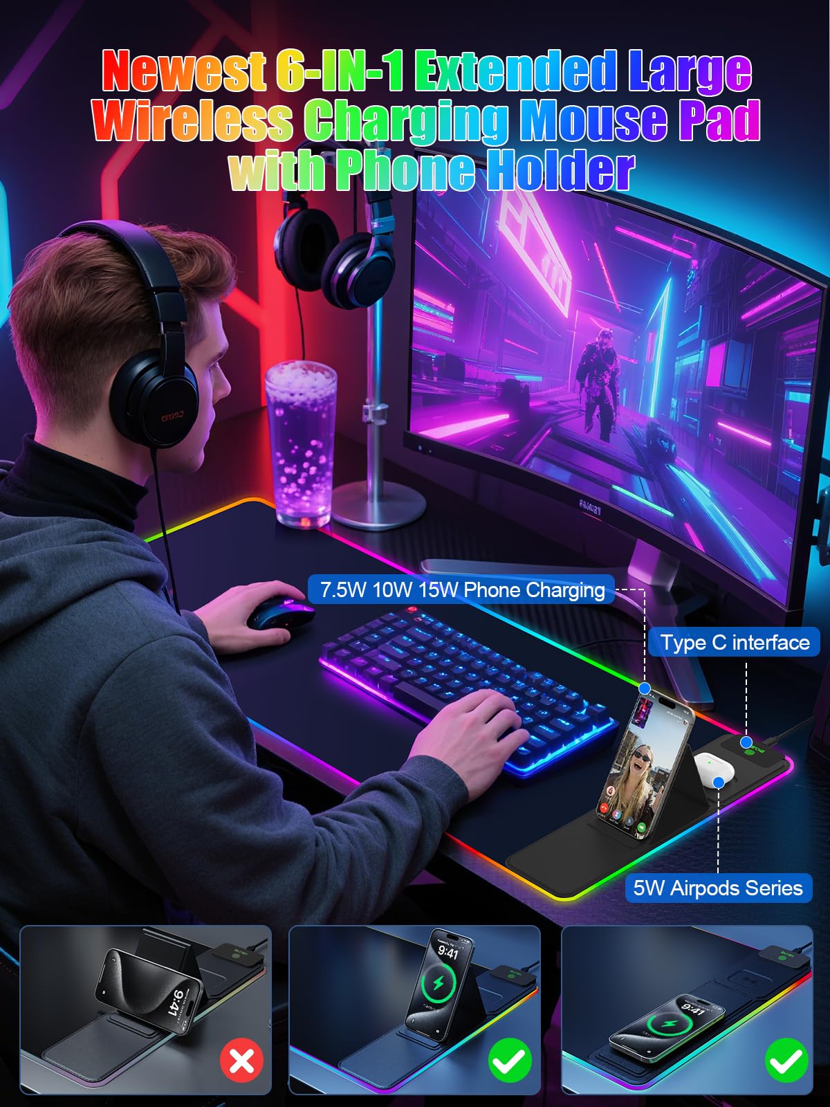 Mouse Pad with Foldable Phone Holder & Wireless Charger, XXL RGB Gaming Mousepad 31.5"x15.8" Large