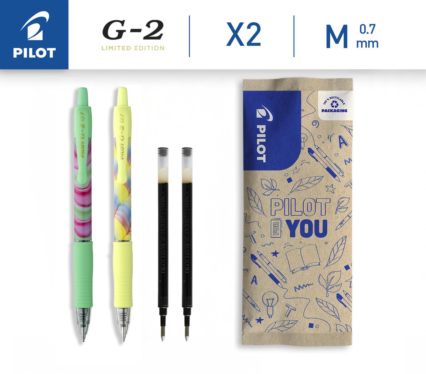 PILOT - Set of 2 G2 Flow + 2 Refills - Limited Edition - Retractable Refillable Gel Pen - Excellent